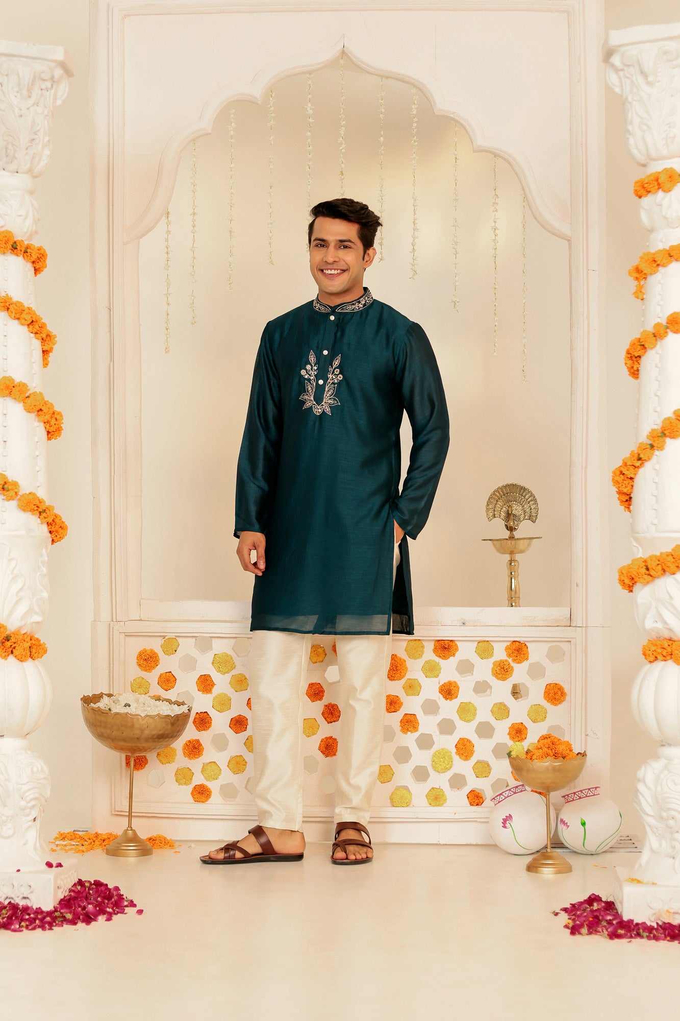 Teal Blue Embroidered Mens Kurta Pajama