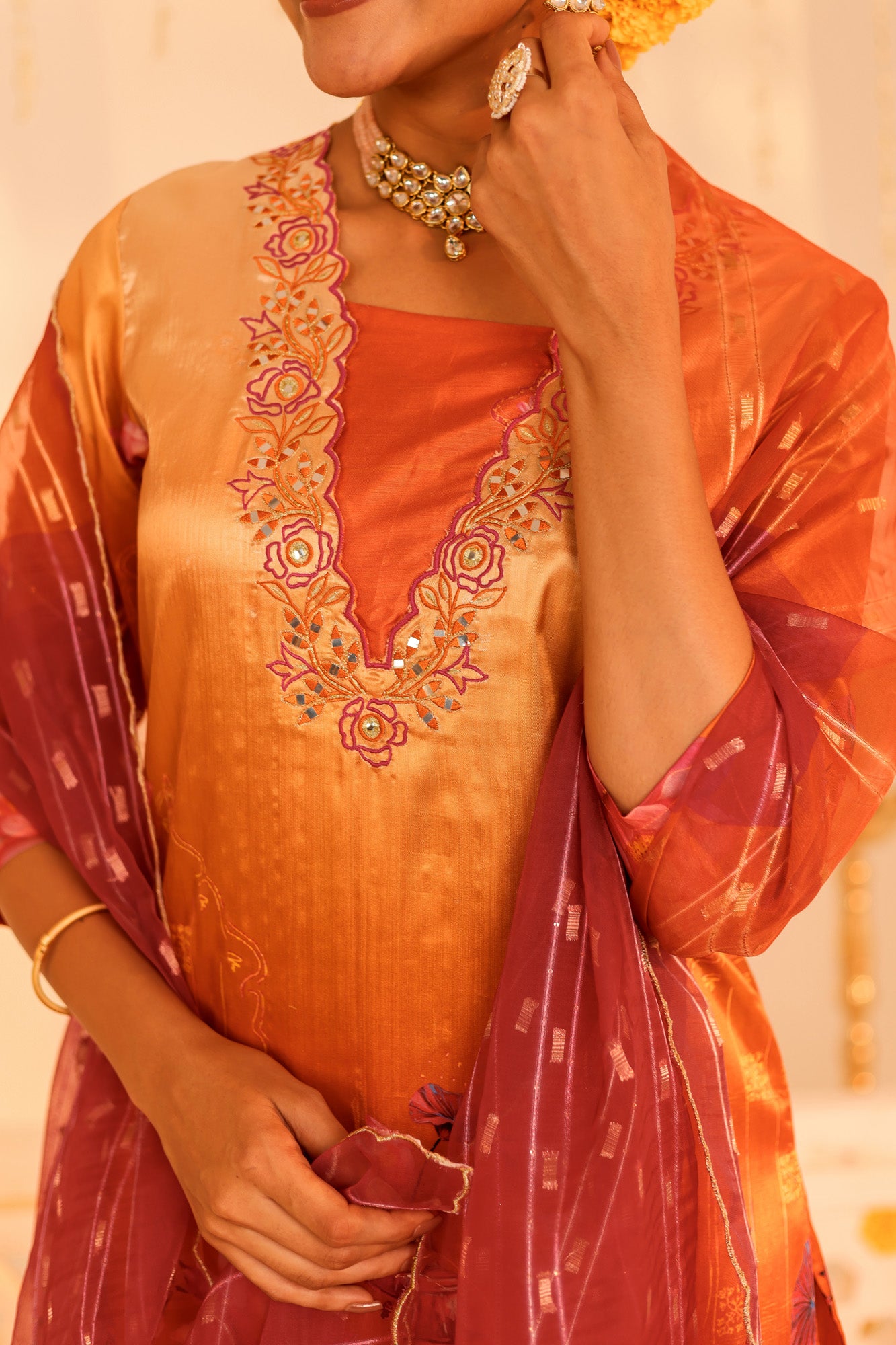 Orange Embroidered Kurta Set