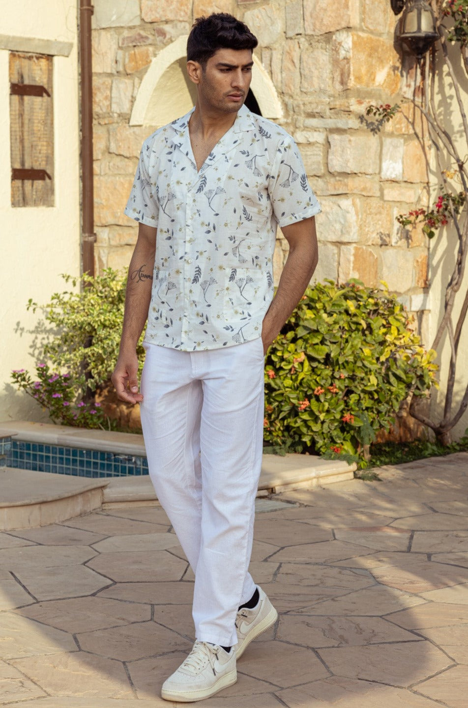 Tropical Print Cuban Collar Mens Shirt