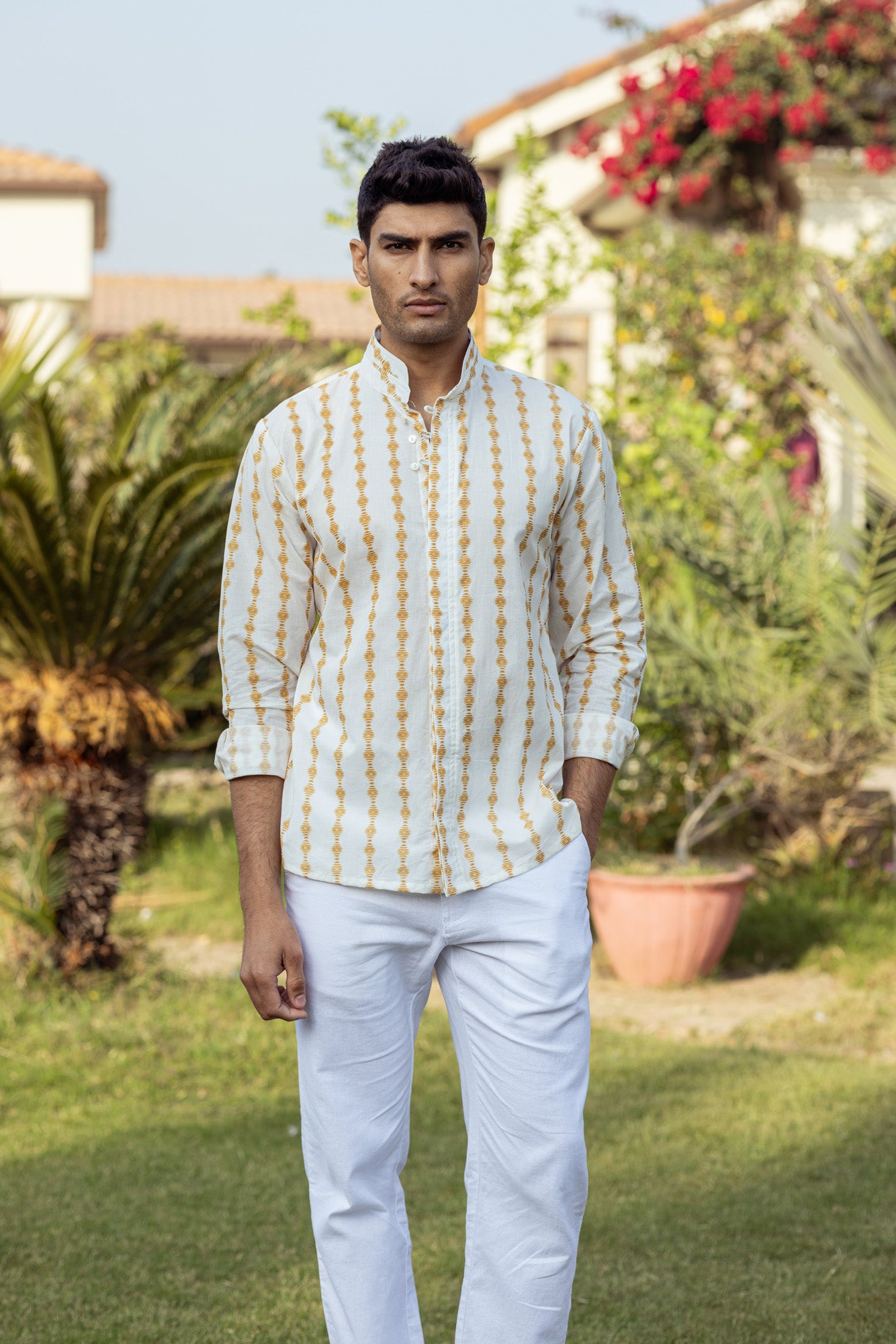 Cream Mandarin Collar Full Sleeve Shirt