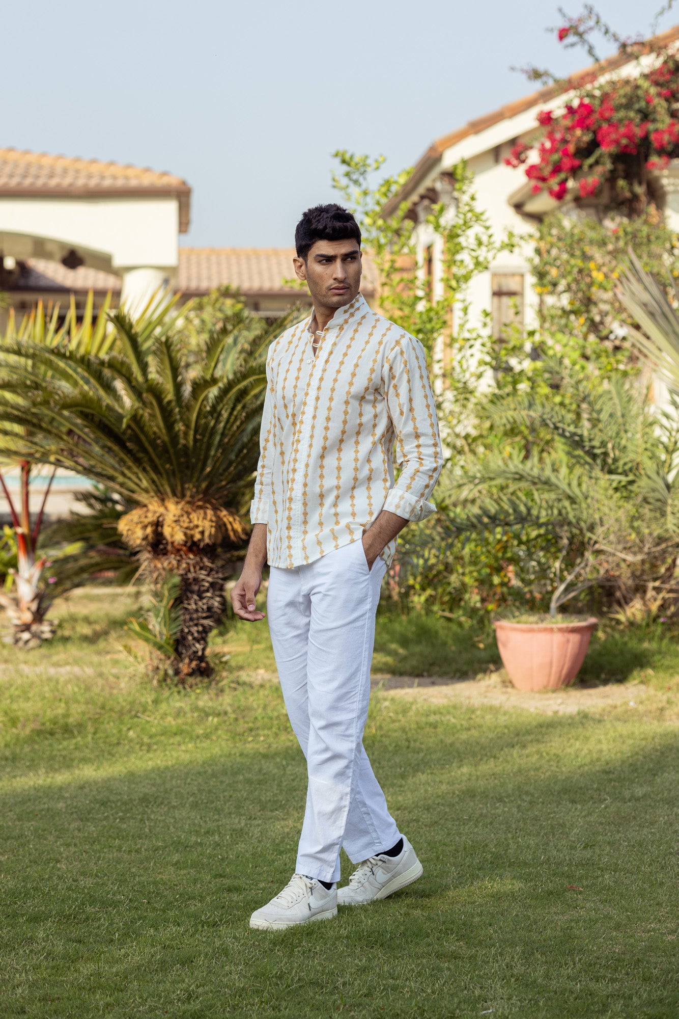 Cream Mandarin Collar Full Sleeve Shirt