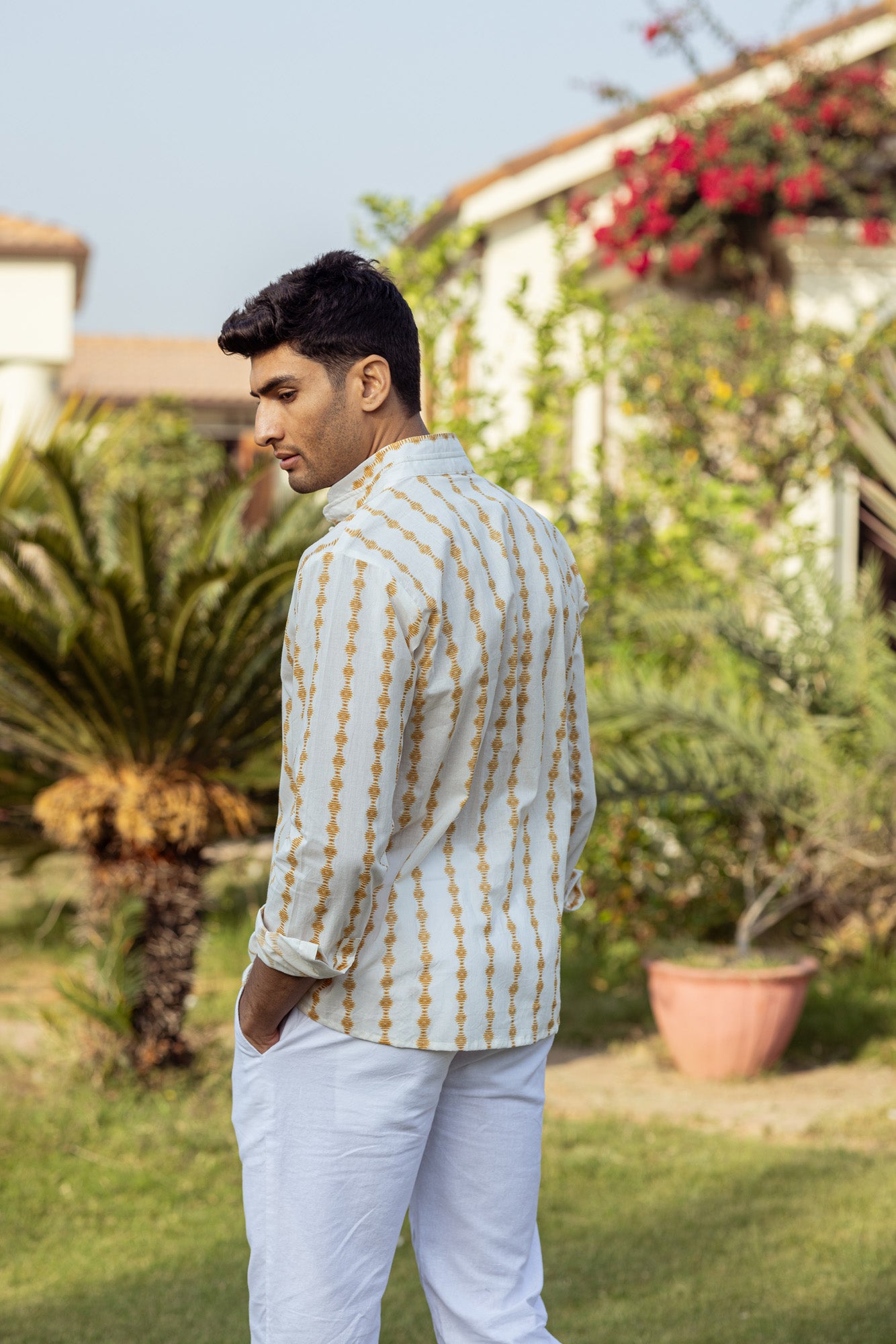 Cream Mandarin Collar Full Sleeve Shirt