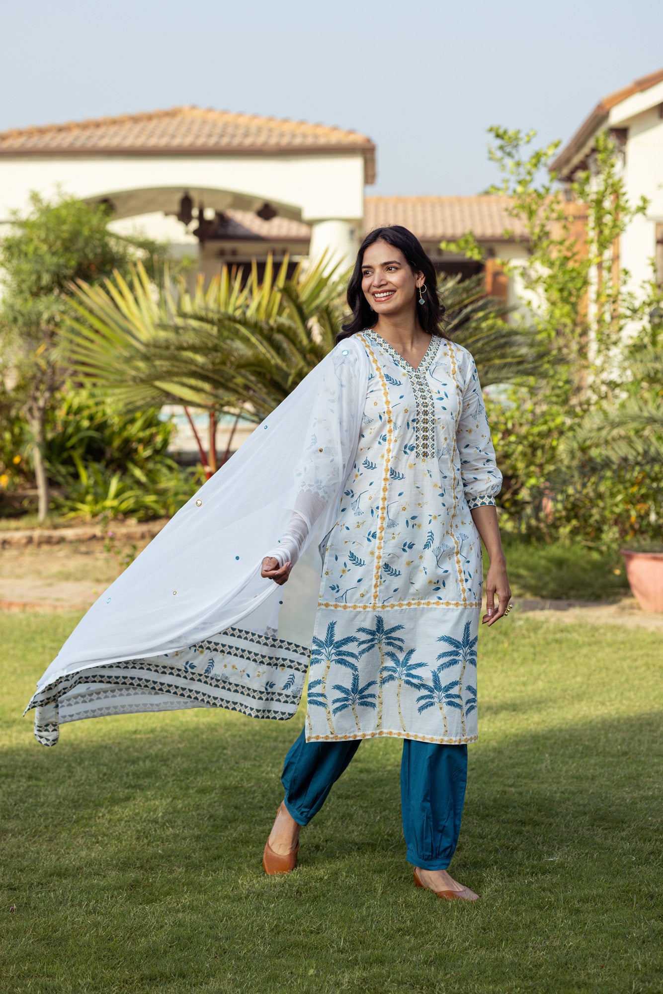 Blue Tropical Print Kurta Set