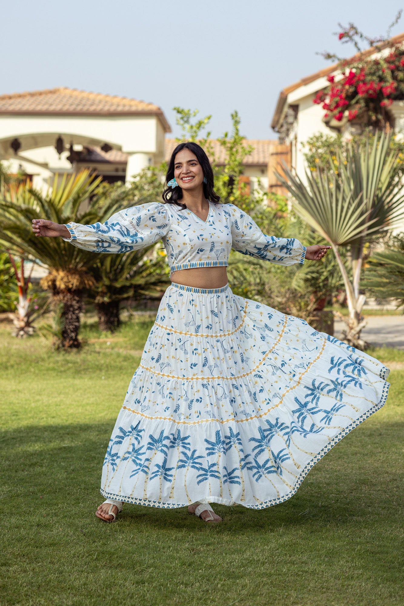 Blue Tropical Print Blouse with Skirt