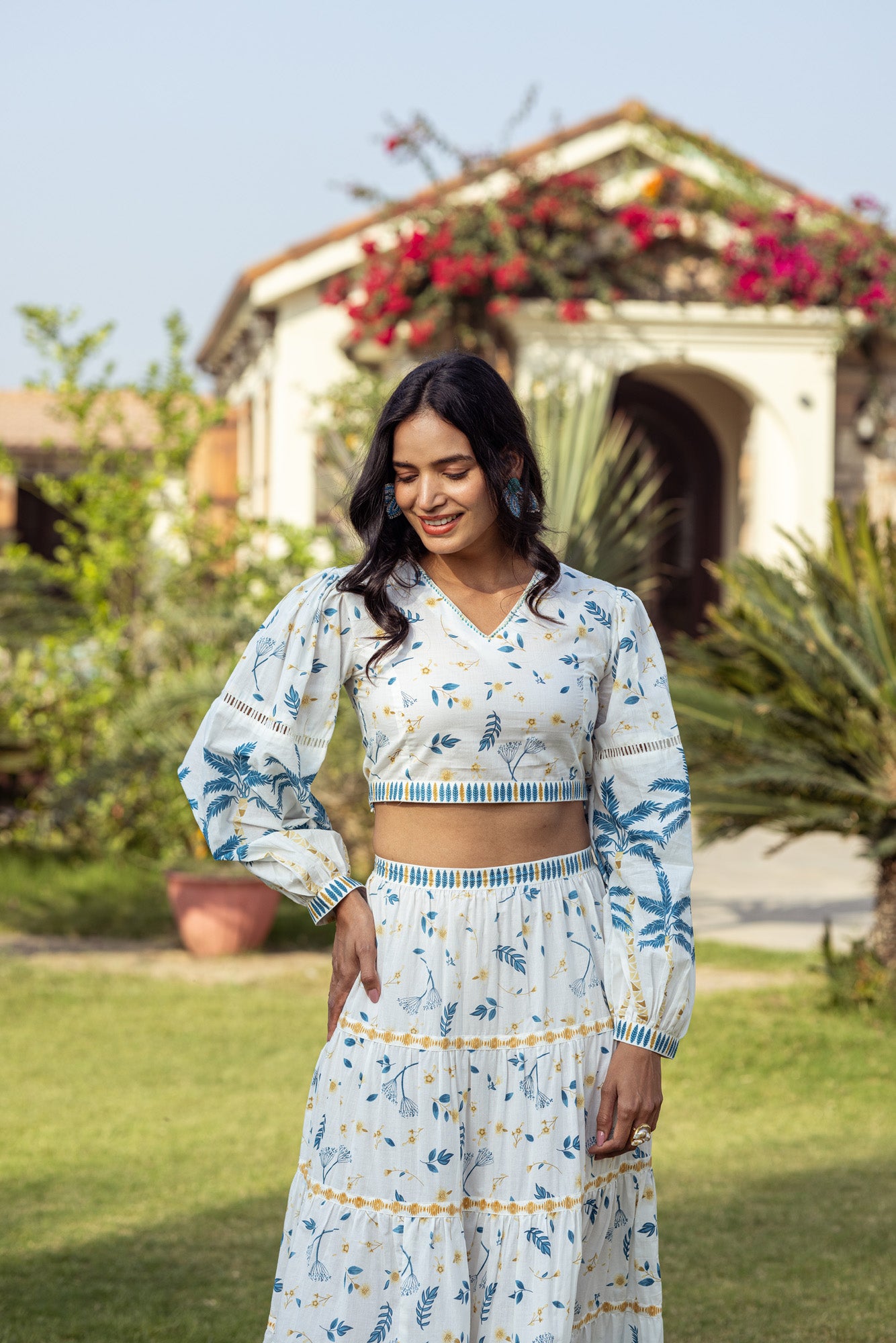 Blue Tropical Print Blouse with Skirt
