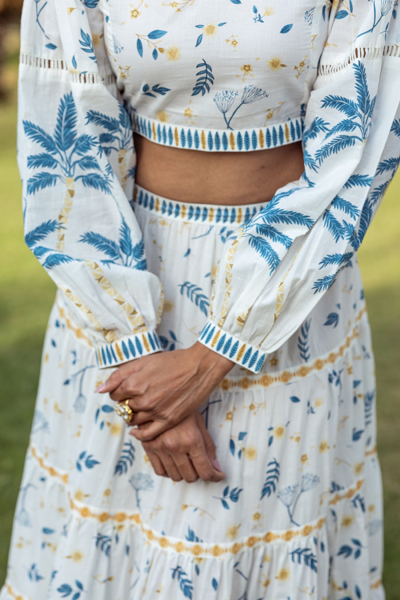 Blue Tropical Print Blouse with Skirt