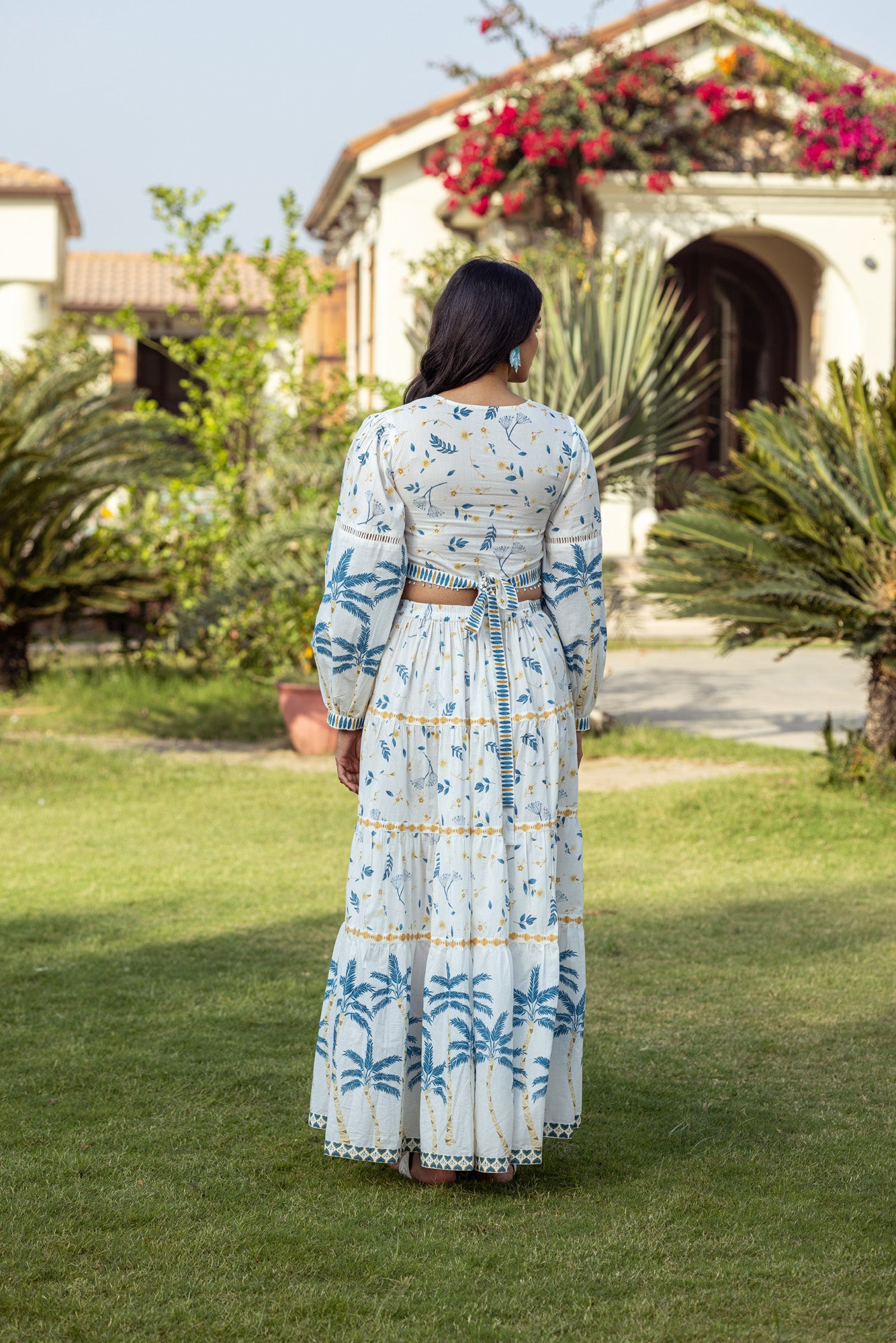 Blue Tropical Print Blouse with Skirt