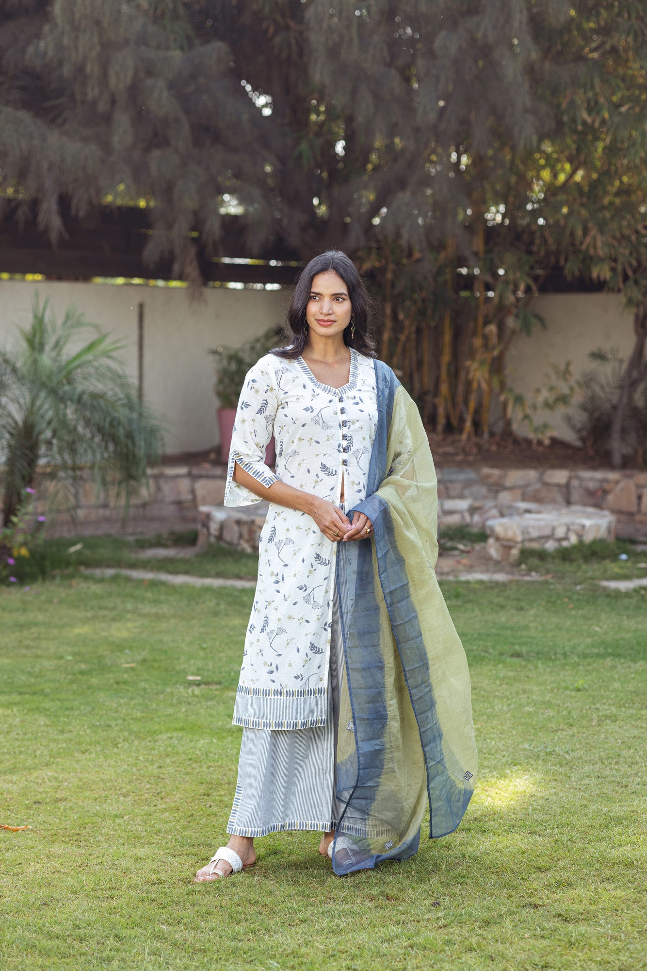 Grey Tropical Print and Stripes Kurta Set
