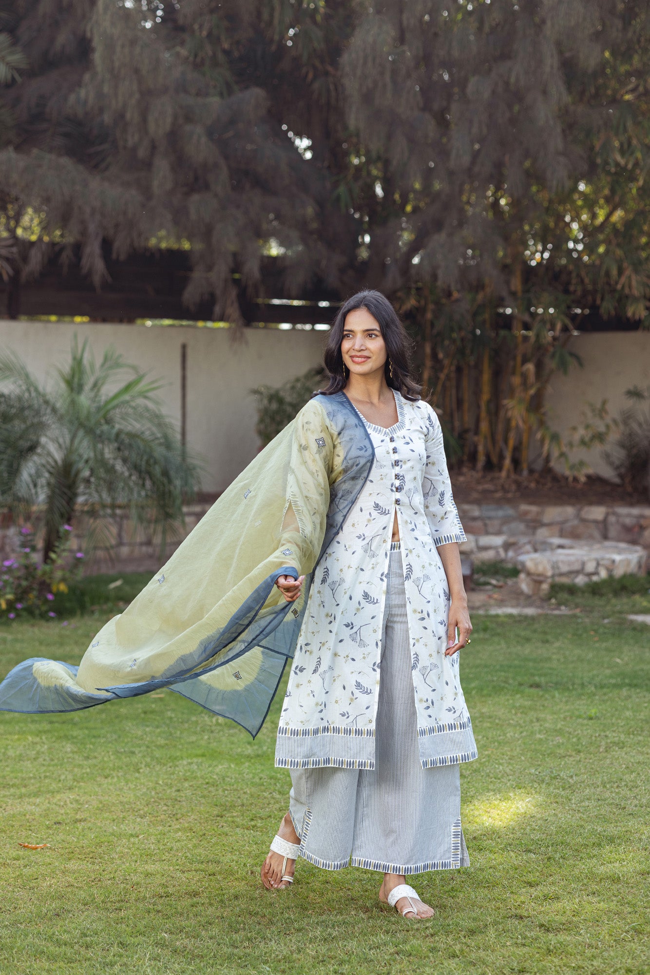 Grey Tropical Print and Stripes Kurta Set