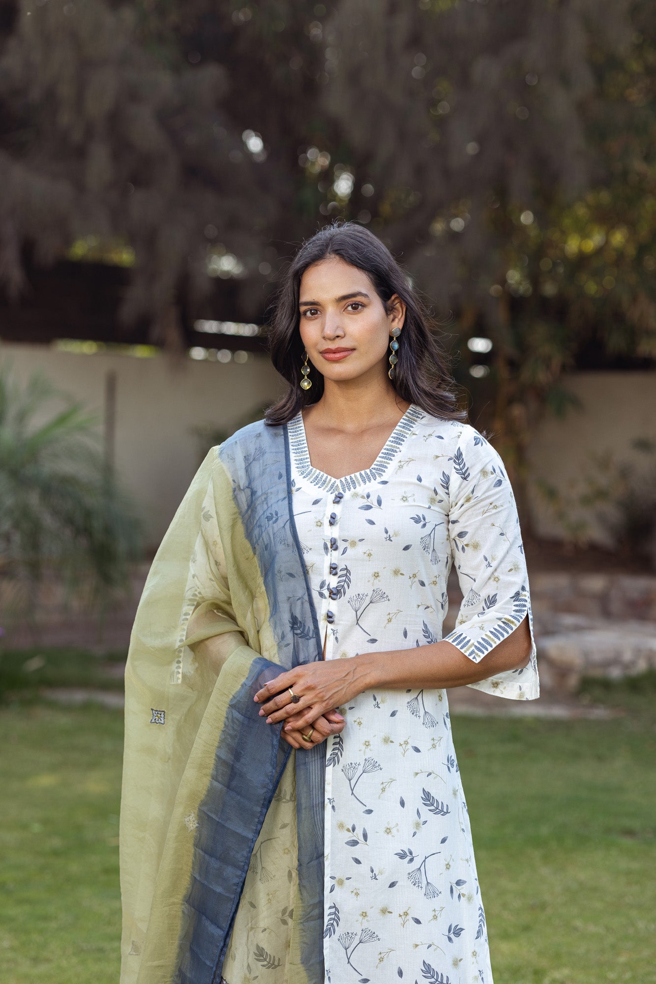 Grey Tropical Print and Stripes Kurta Set