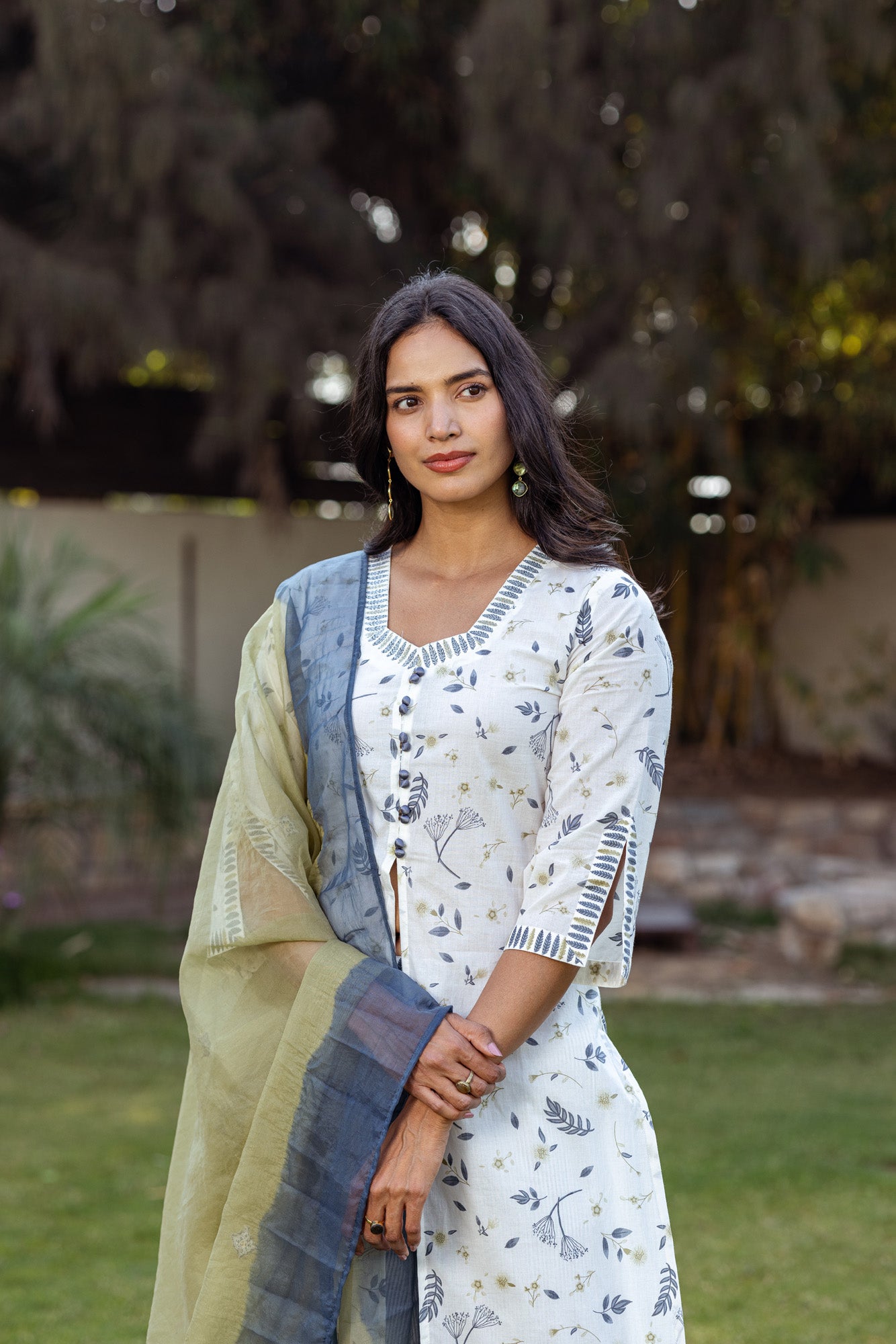 Grey Tropical Print and Stripes Kurta Set