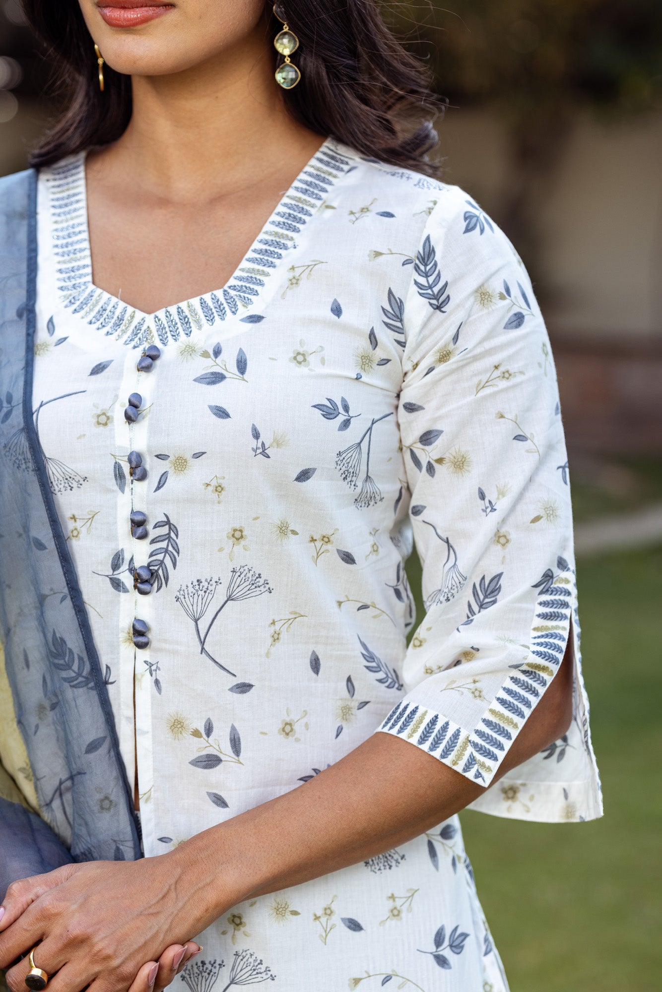 Grey Tropical Print and Stripes Kurta Set