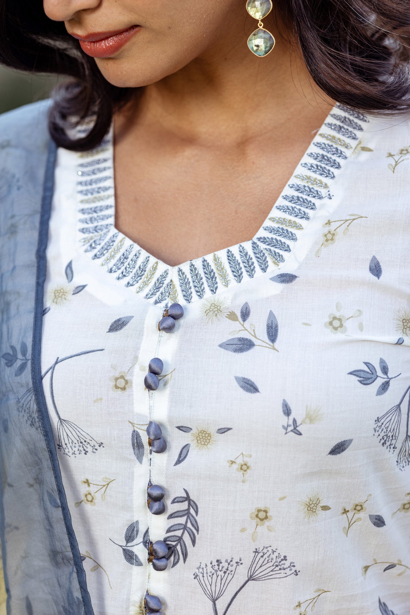 Grey Tropical Print and Stripes Kurta Set
