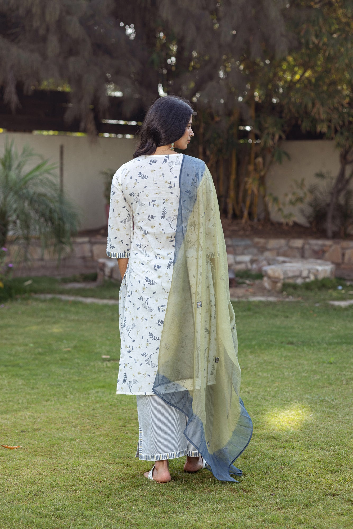 Grey Tropical Print and Stripes Kurta Set