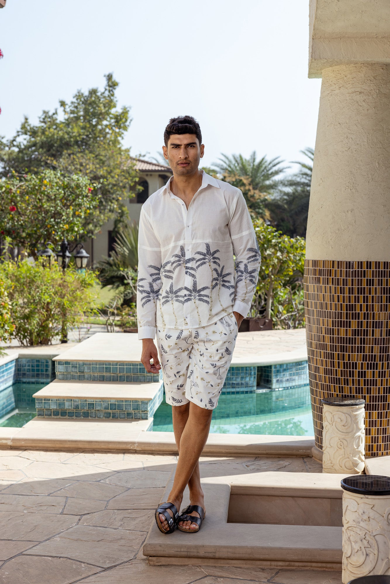 Grey Tropical Print Mens Co Ord Set