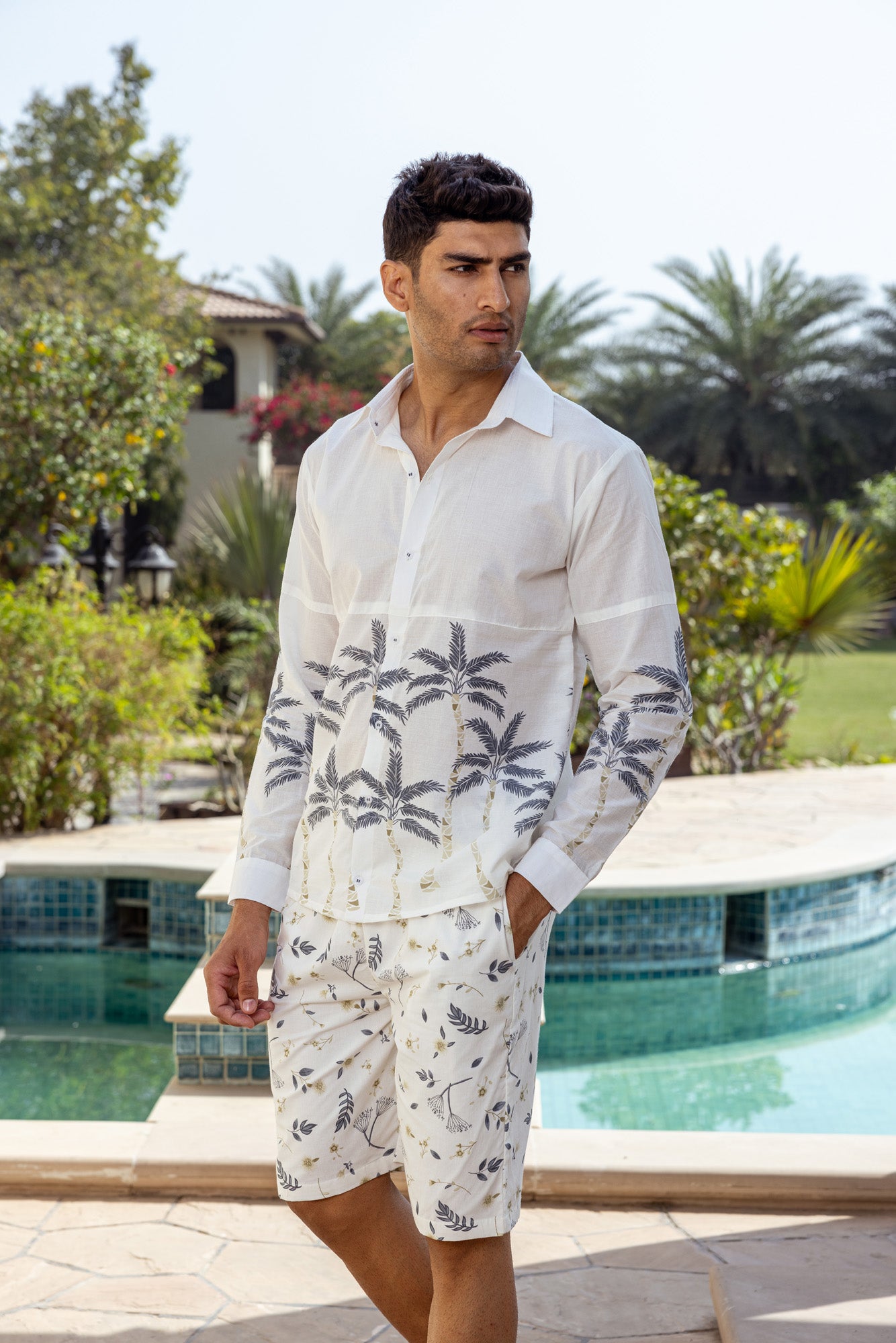 Grey Tropical Print Mens Co Ord Set