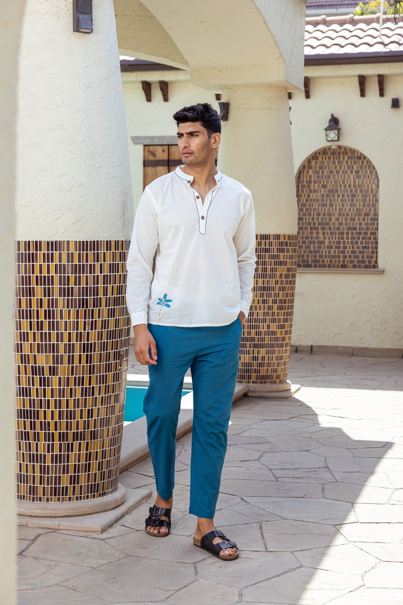 White Mens Shirt Kurta with Embroidery