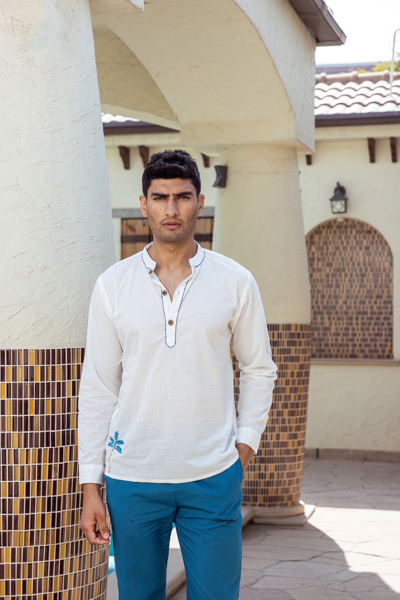 White Mens Shirt Kurta with Embroidery