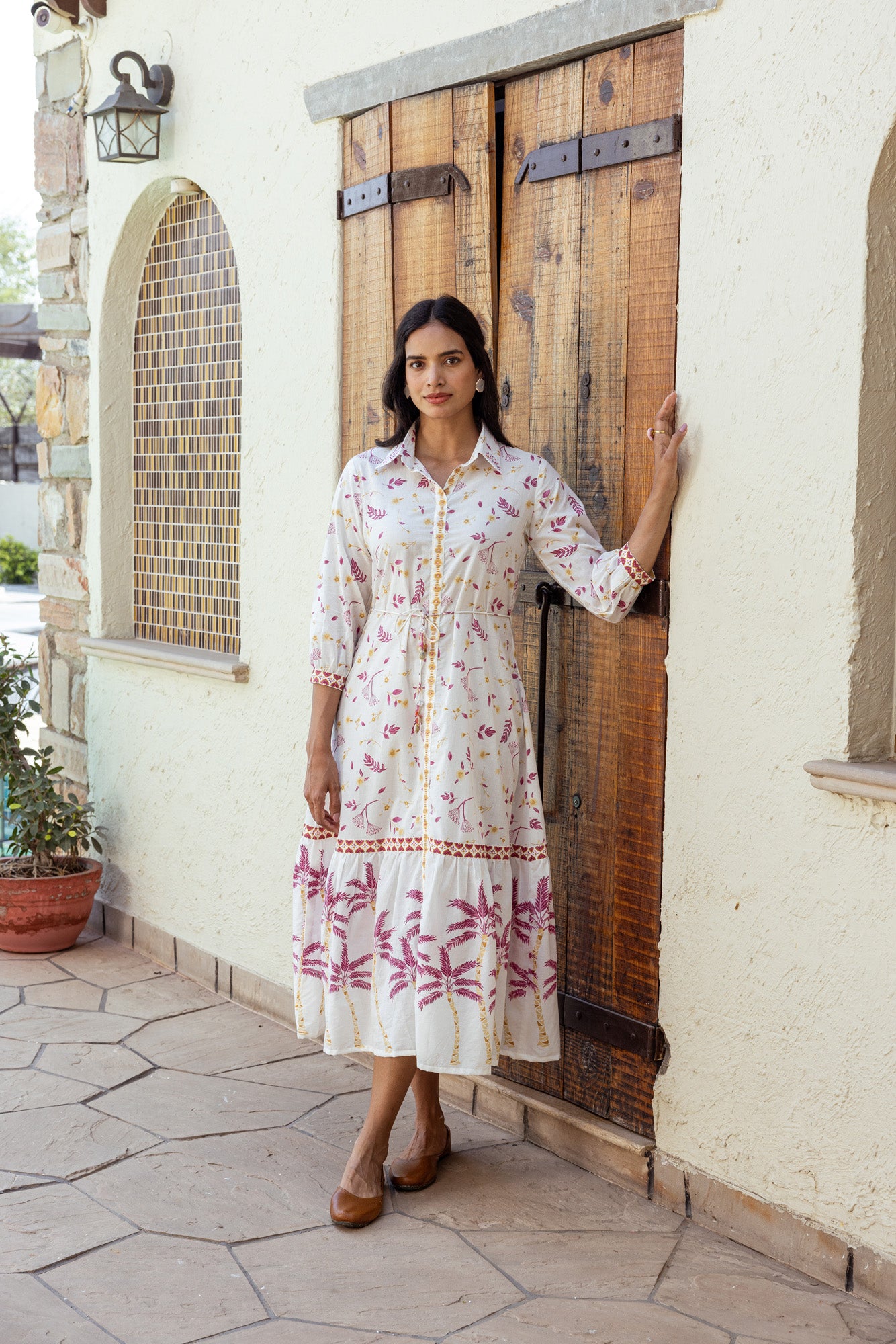 Pink Tropical Print Summer Midi Dress