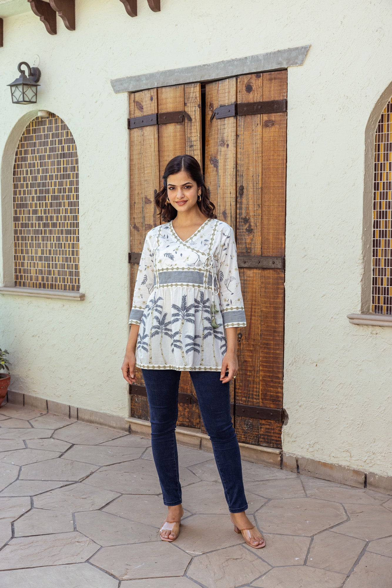 Grey Tropical Print Cotton Top