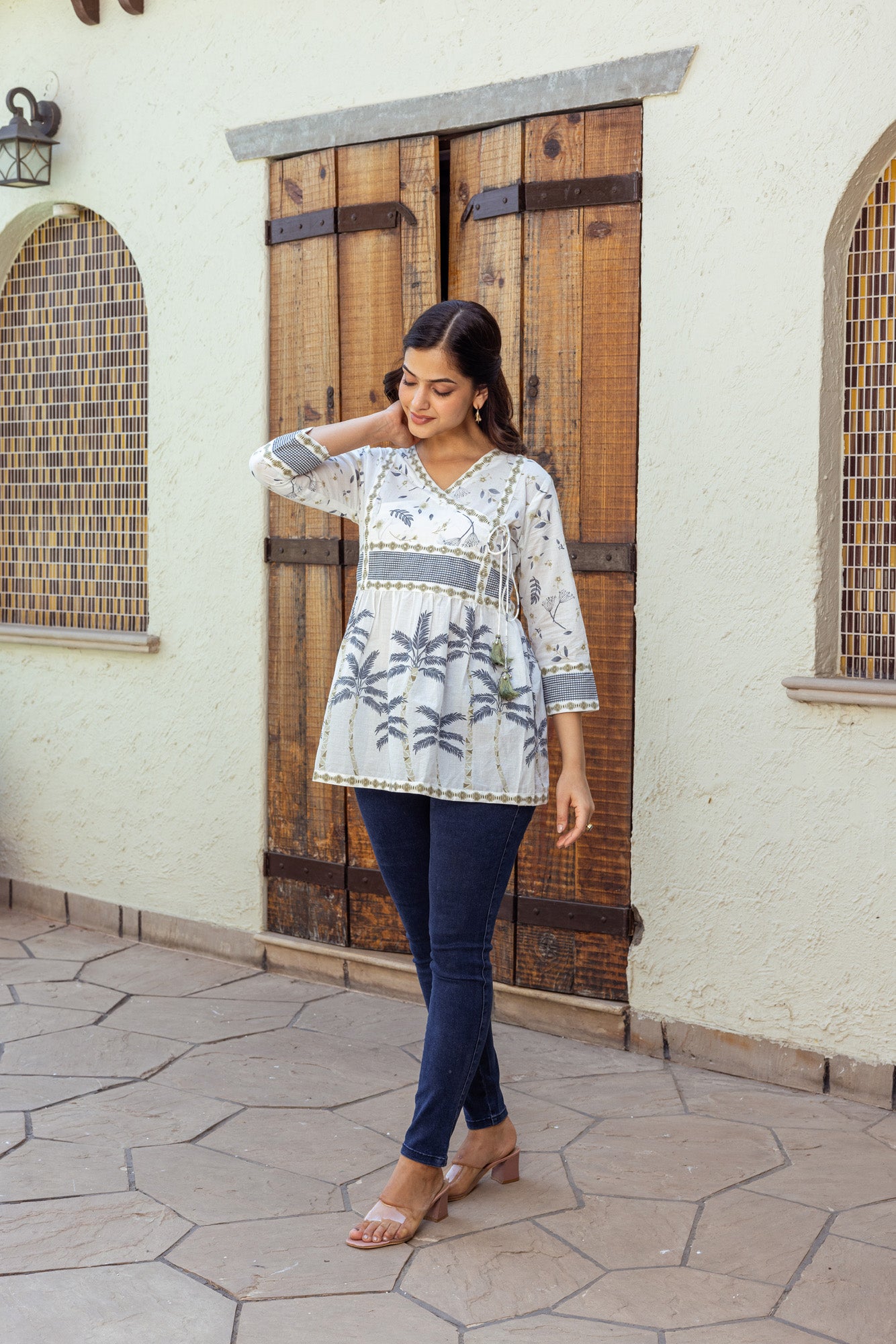 Grey Tropical Print Cotton Top
