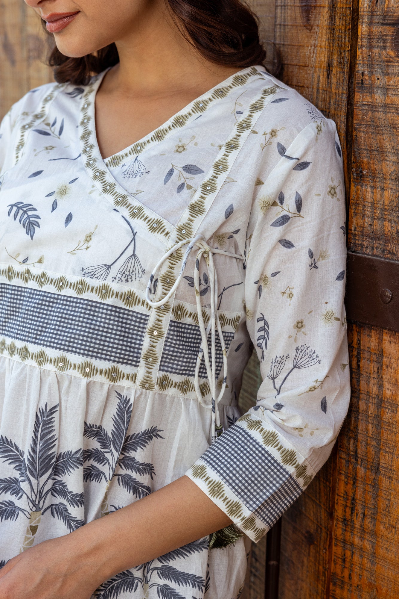 Grey Tropical Print Cotton Top