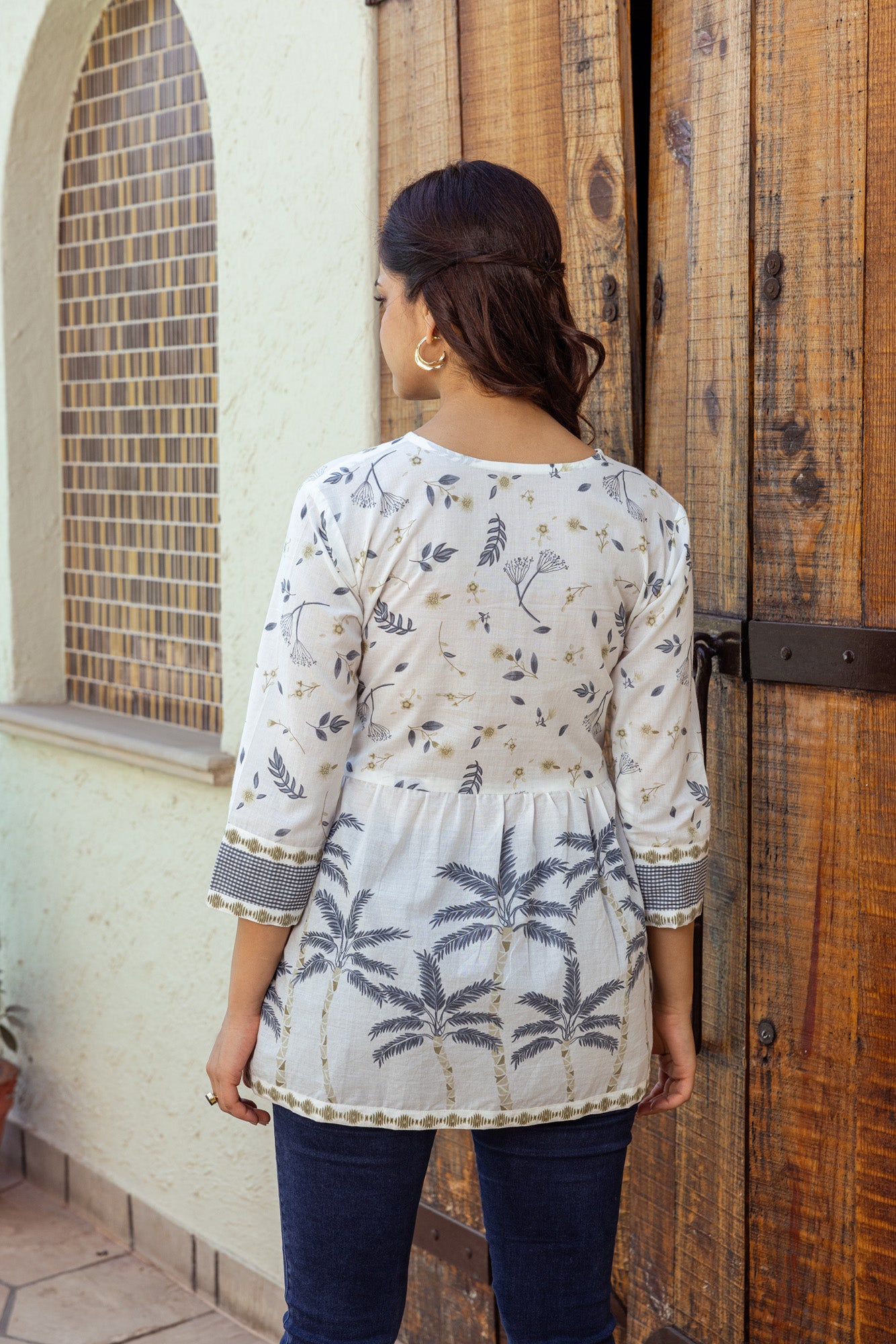 Grey Tropical Print Cotton Top