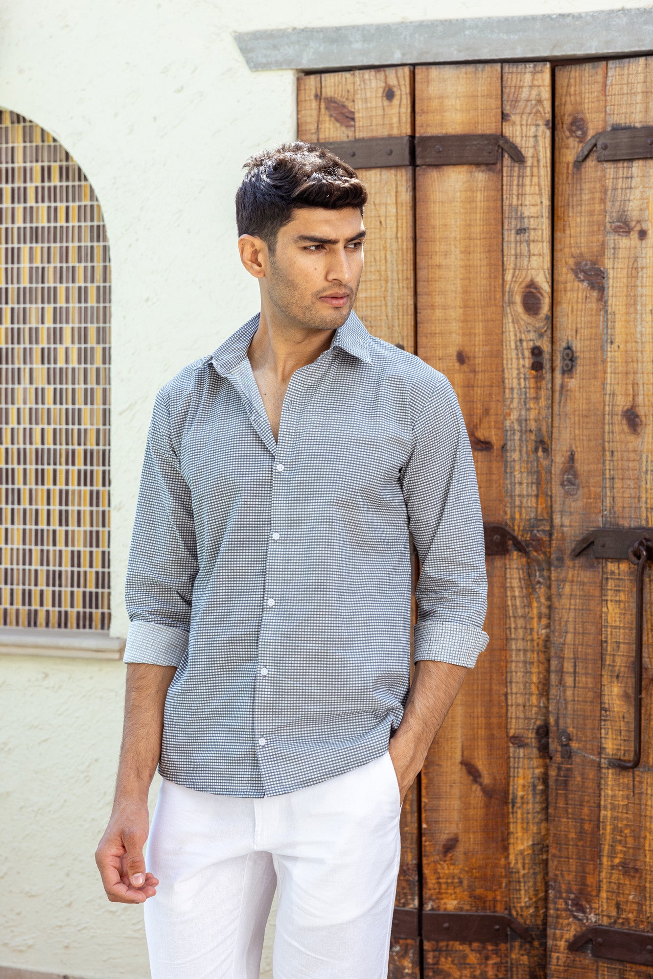 Grey Fine Checks Mens Shirt