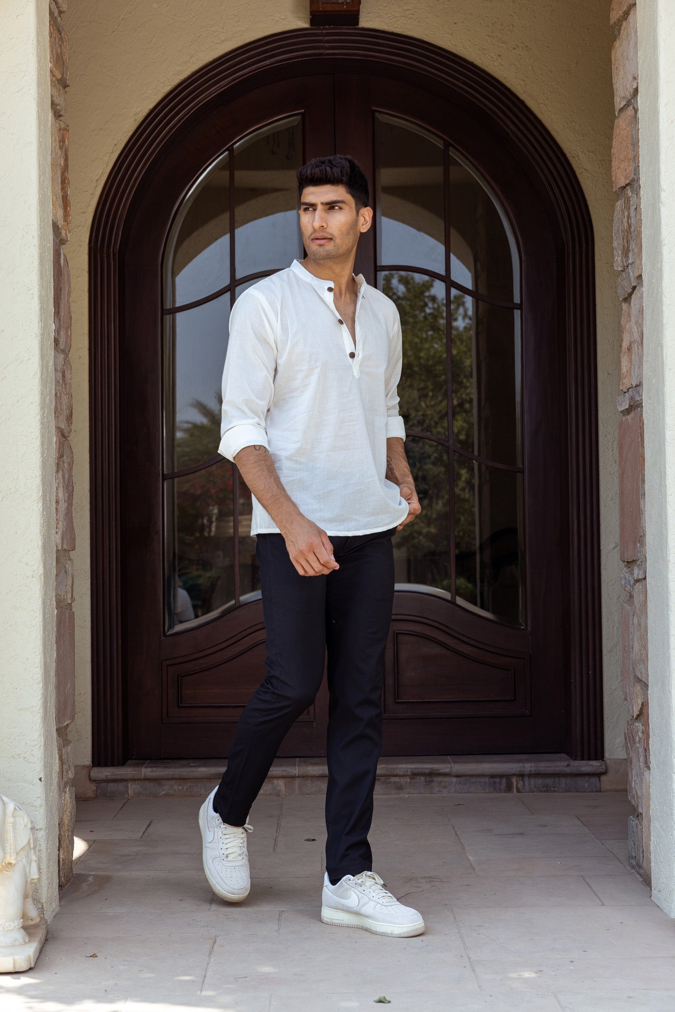 White Mandarin Collar Shirt with Embroidery
