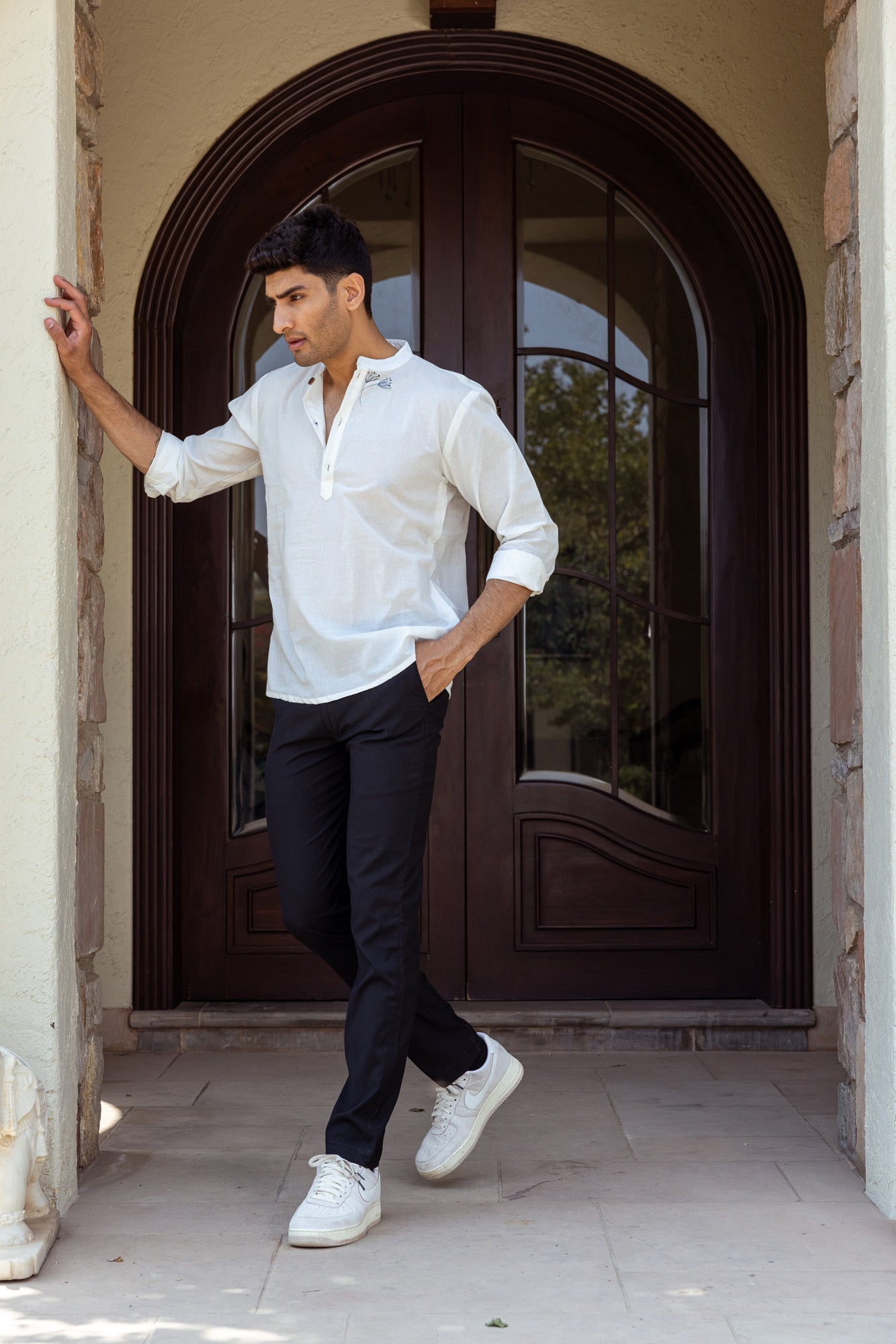 White Mandarin Collar Shirt with Embroidery