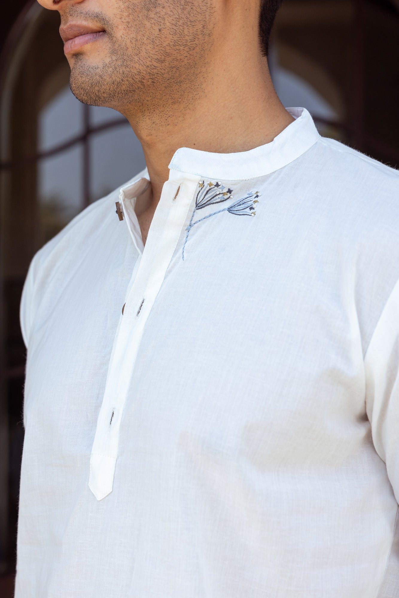 White Mandarin Collar Shirt with Embroidery