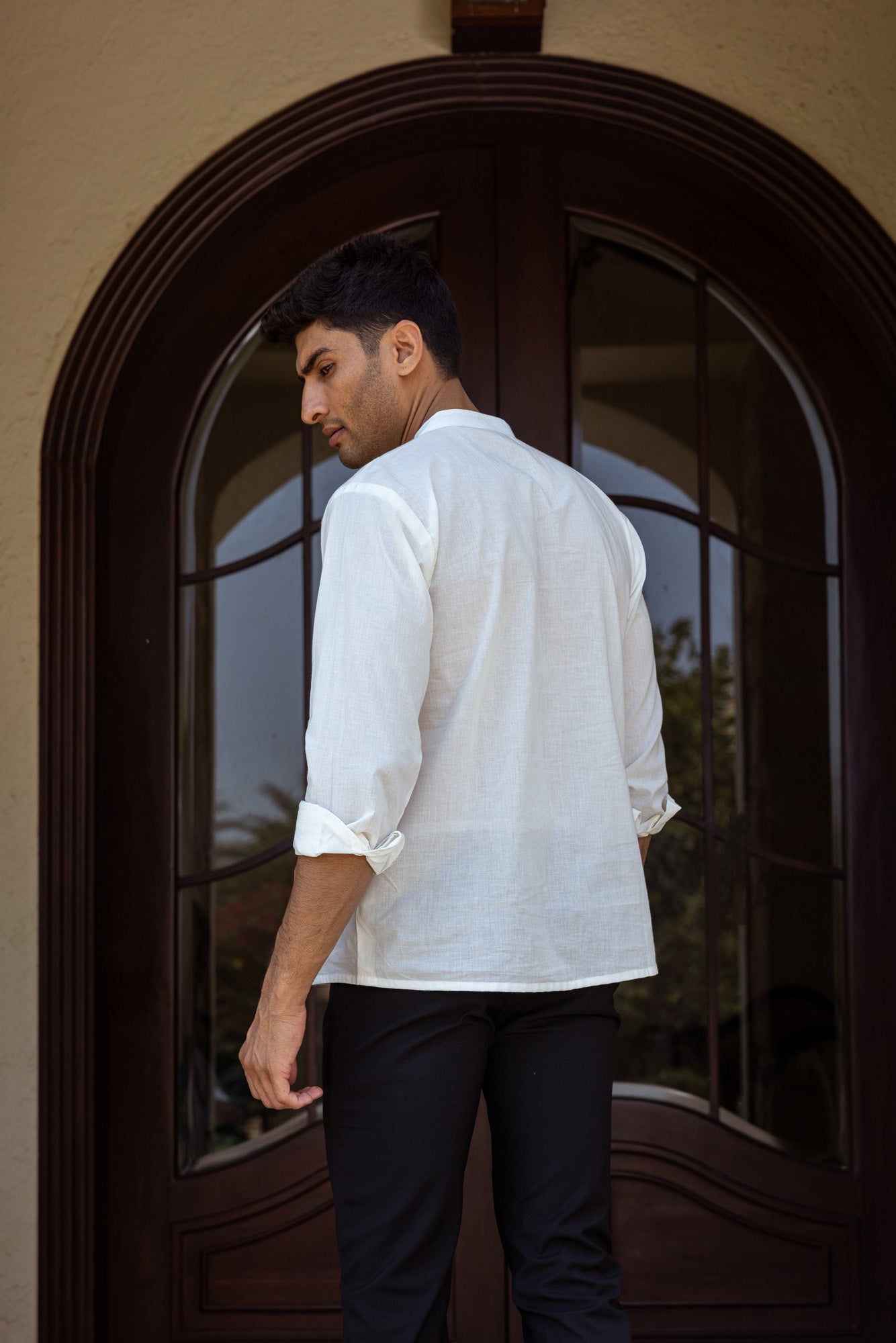 White Mandarin Collar Shirt with Embroidery