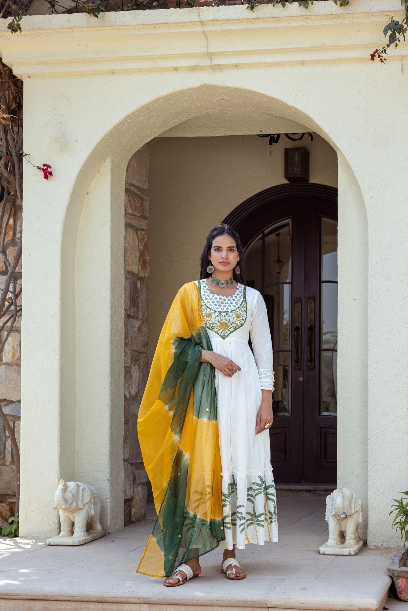 Green Print on White Anarkali Kurta