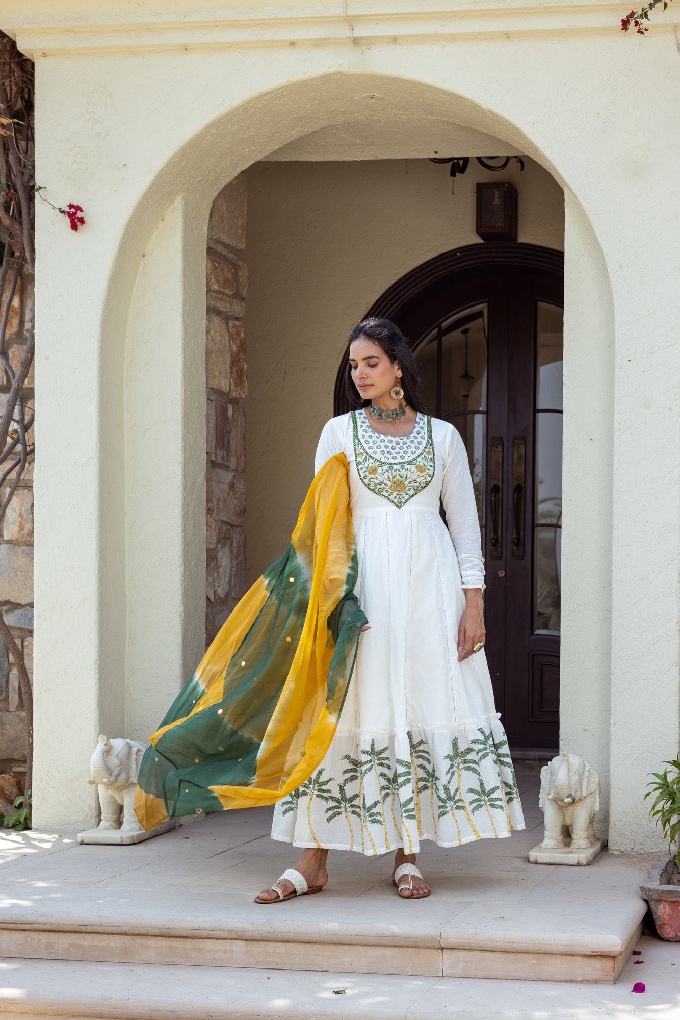 Green Print on White Anarkali Kurta