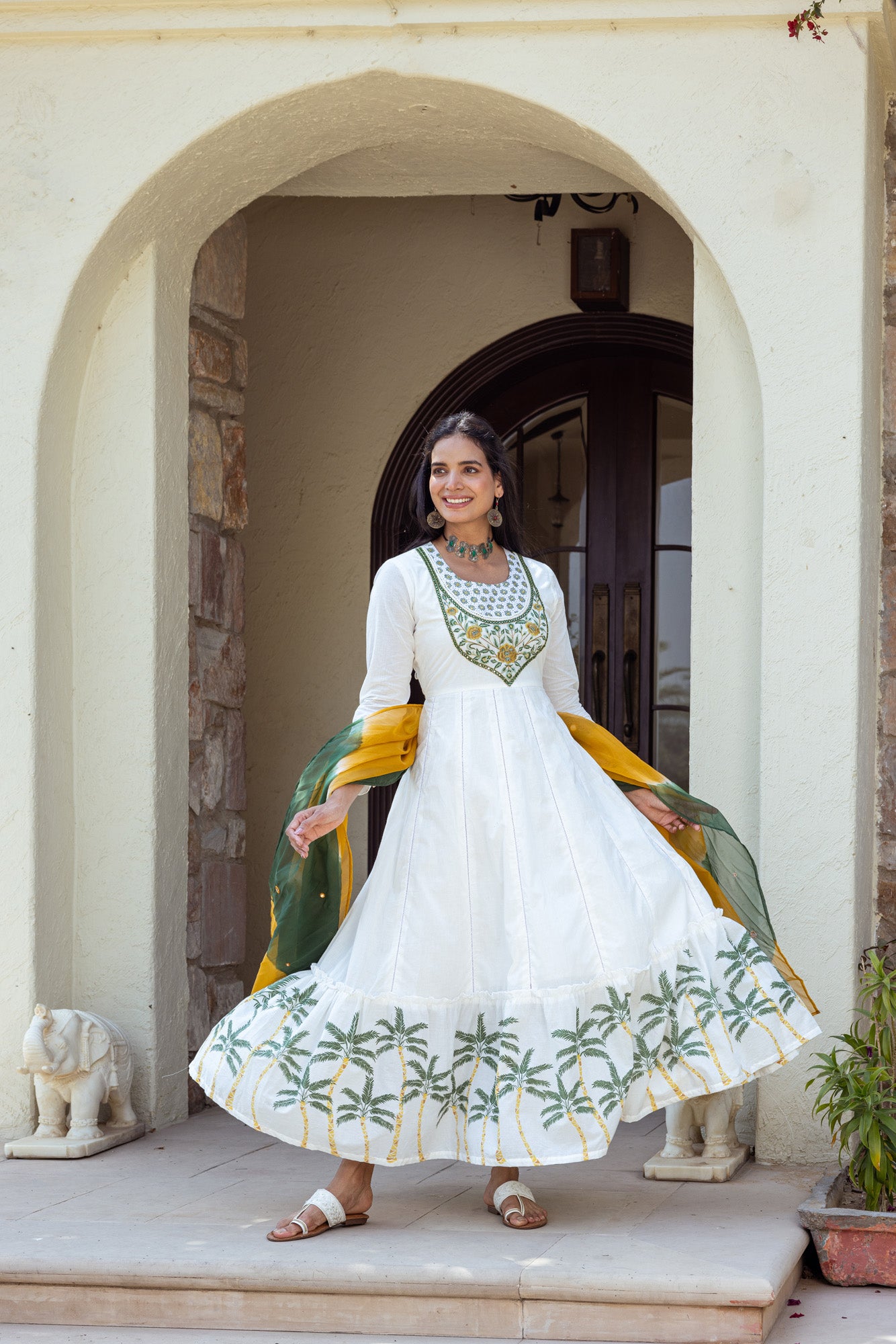 Green Print on White Anarkali Kurta