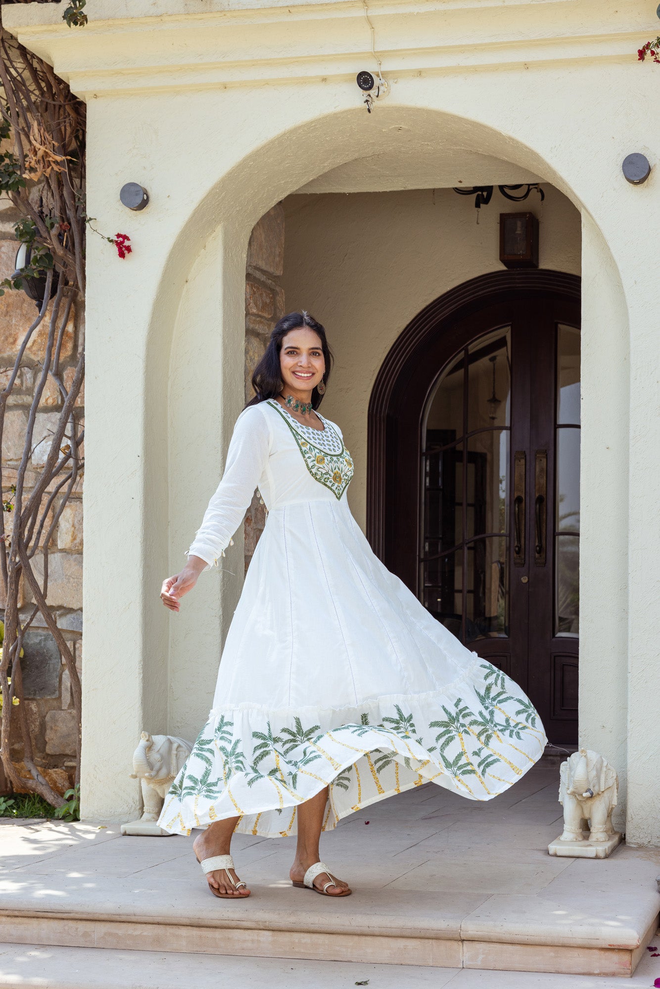 Green Print on White Anarkali Kurta