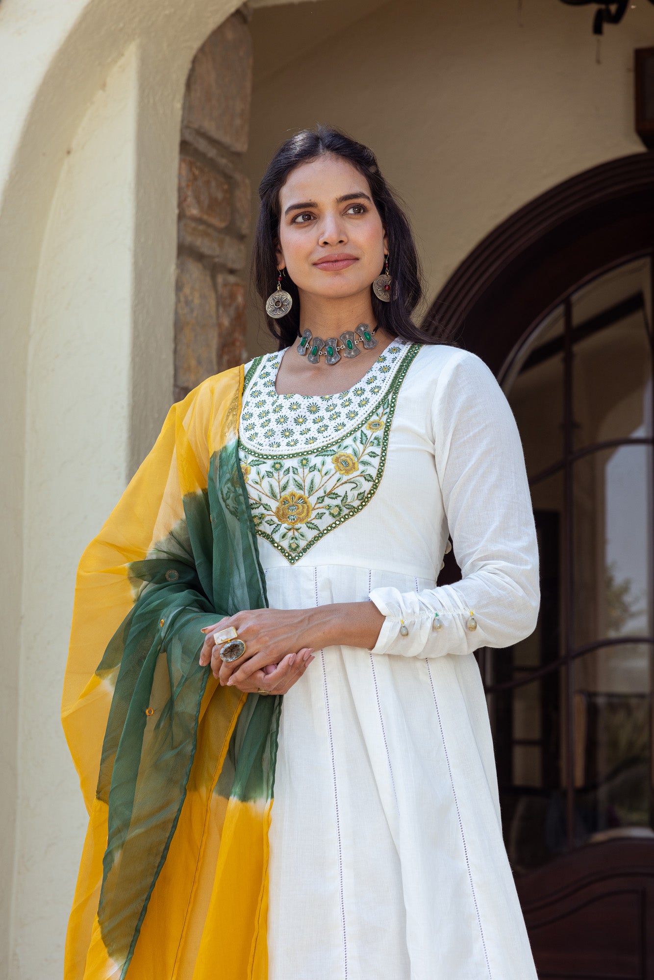 Green Print on White Anarkali Kurta