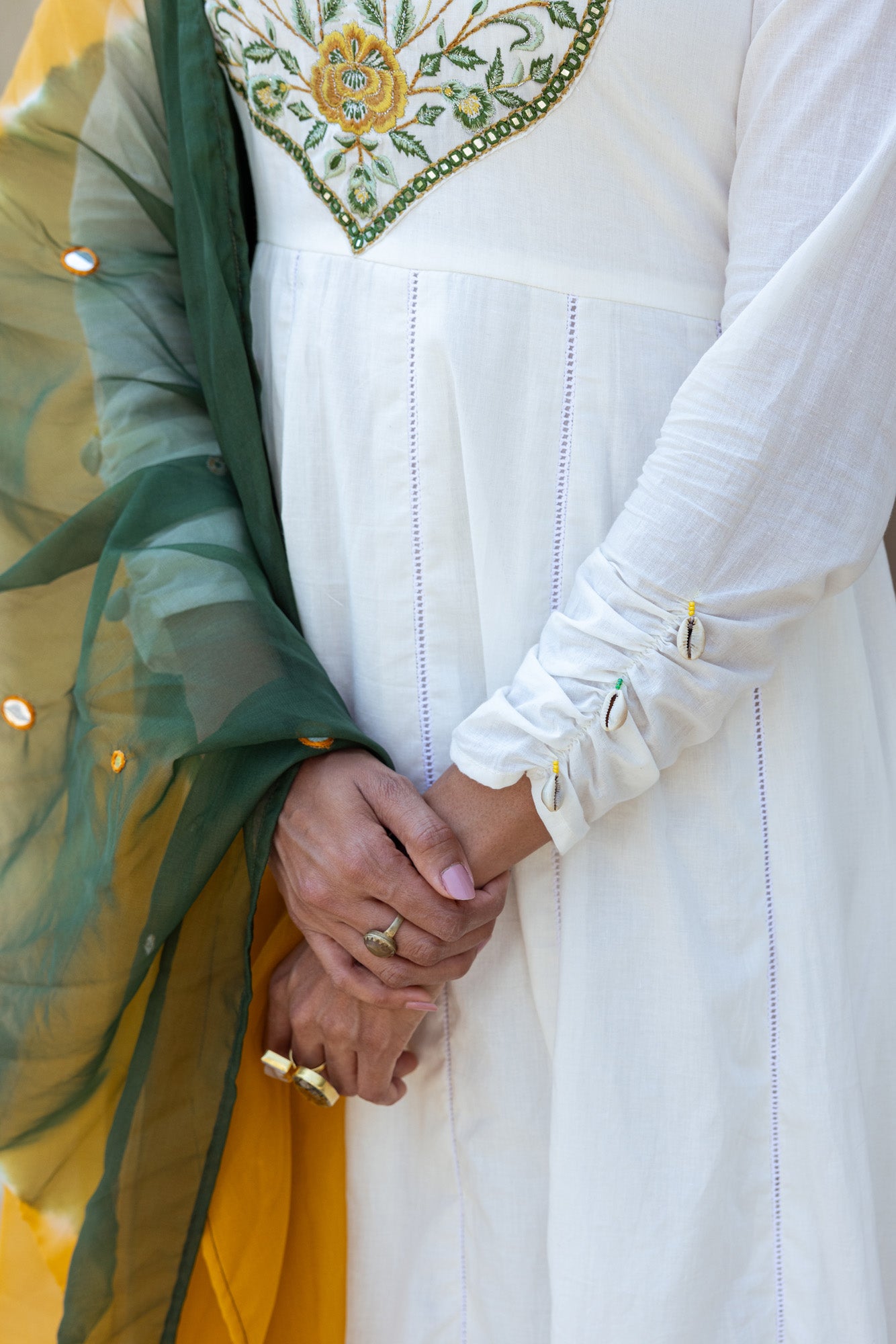 Green Print on White Anarkali Kurta