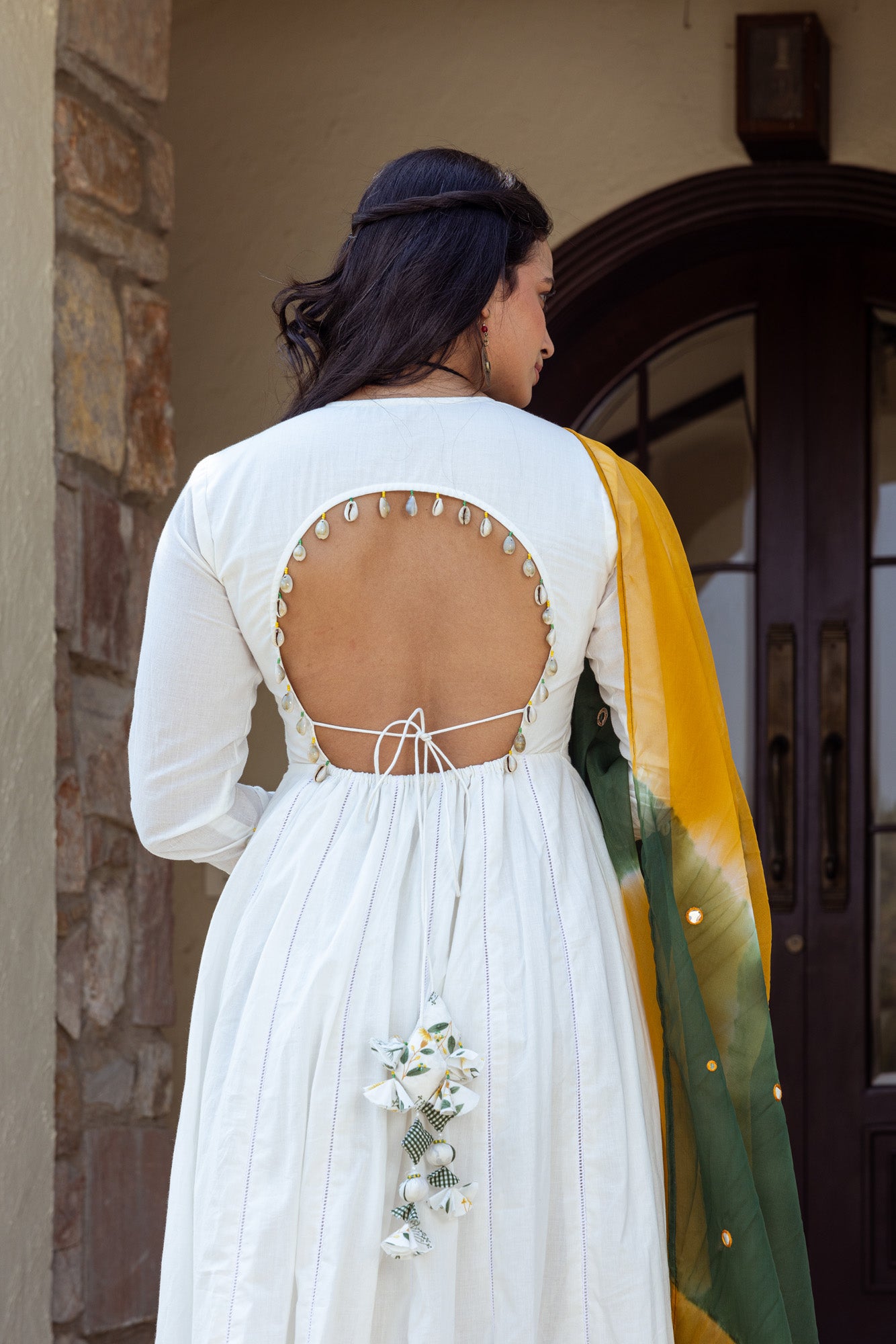 Green Print on White Anarkali Kurta