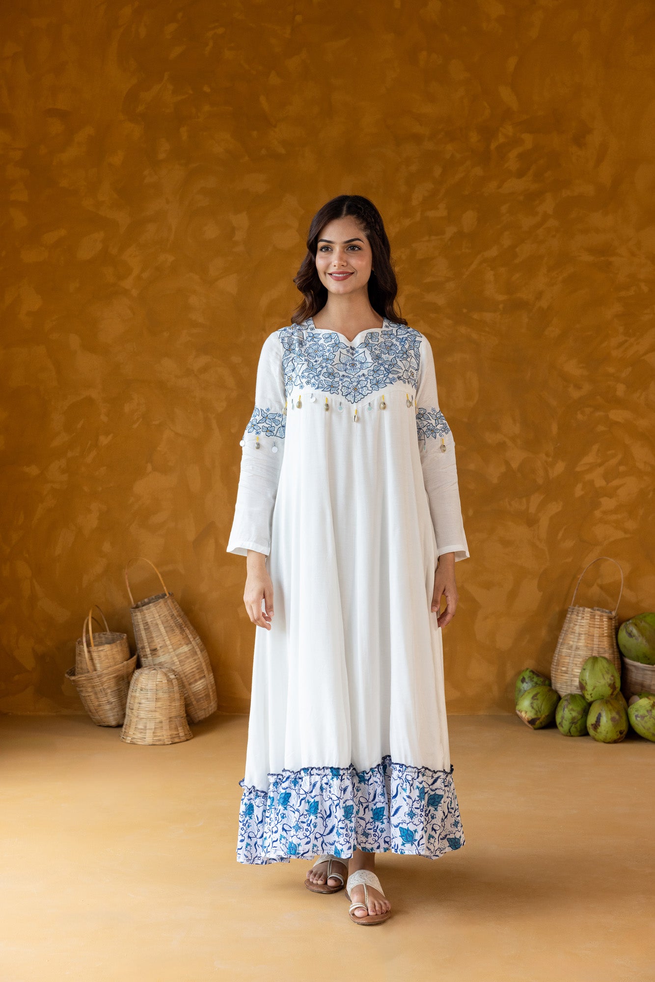 Blue on White Embroidered Long Dress