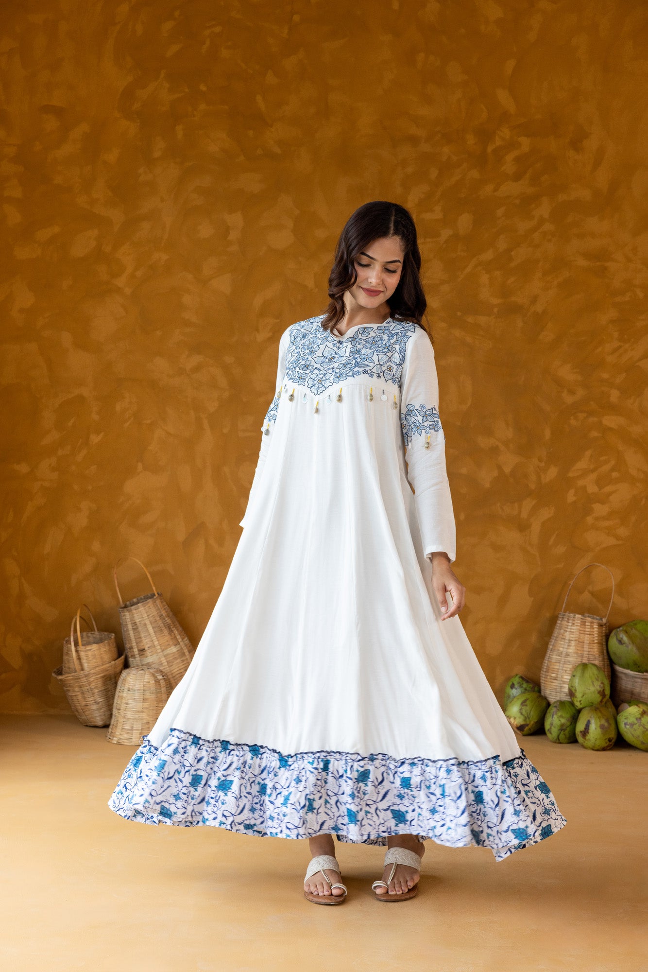 Blue on White Embroidered Long Dress