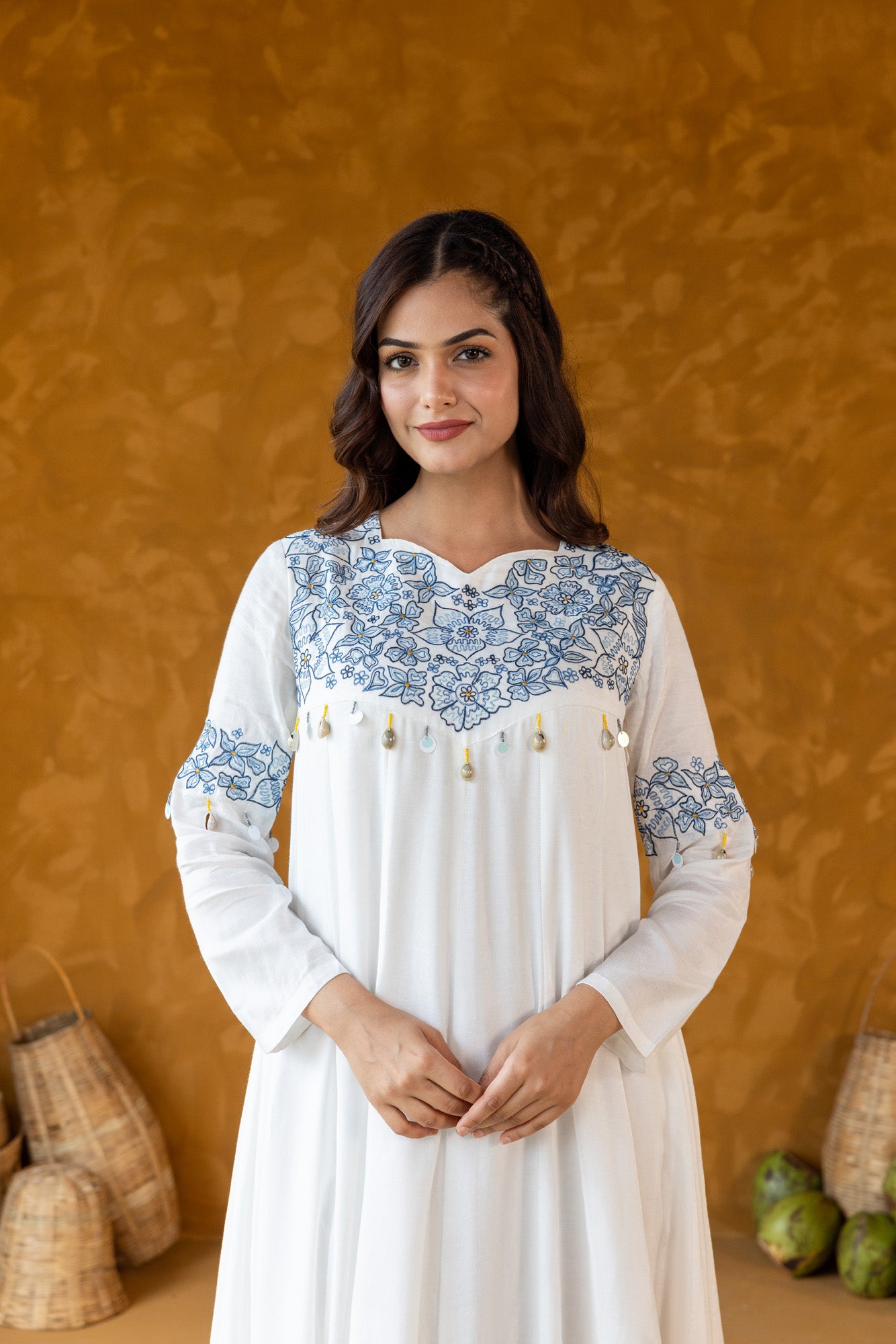 Blue on White Embroidered Long Dress
