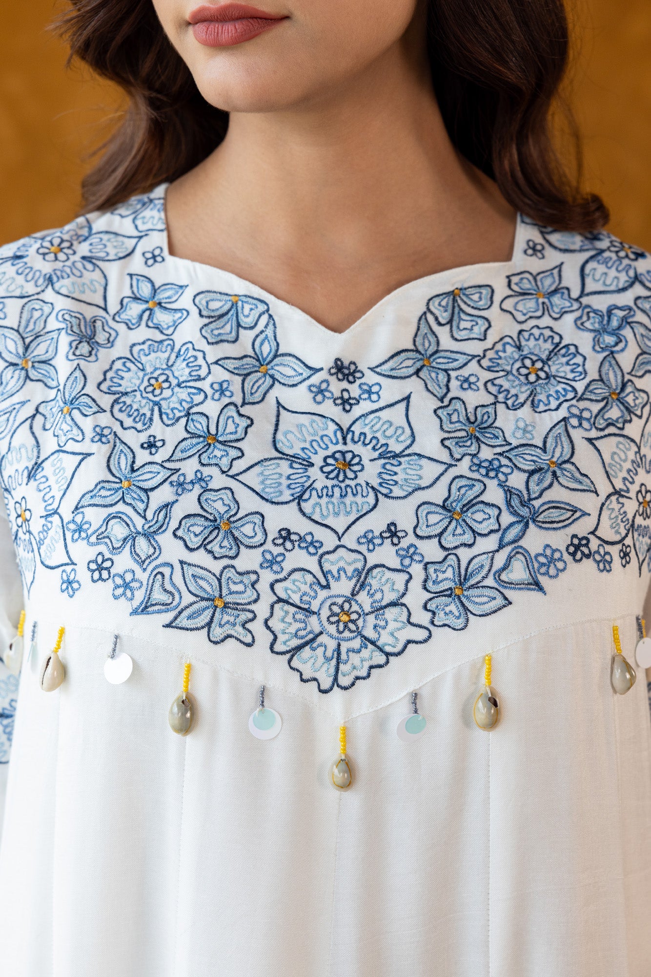 Blue on White Embroidered Long Dress