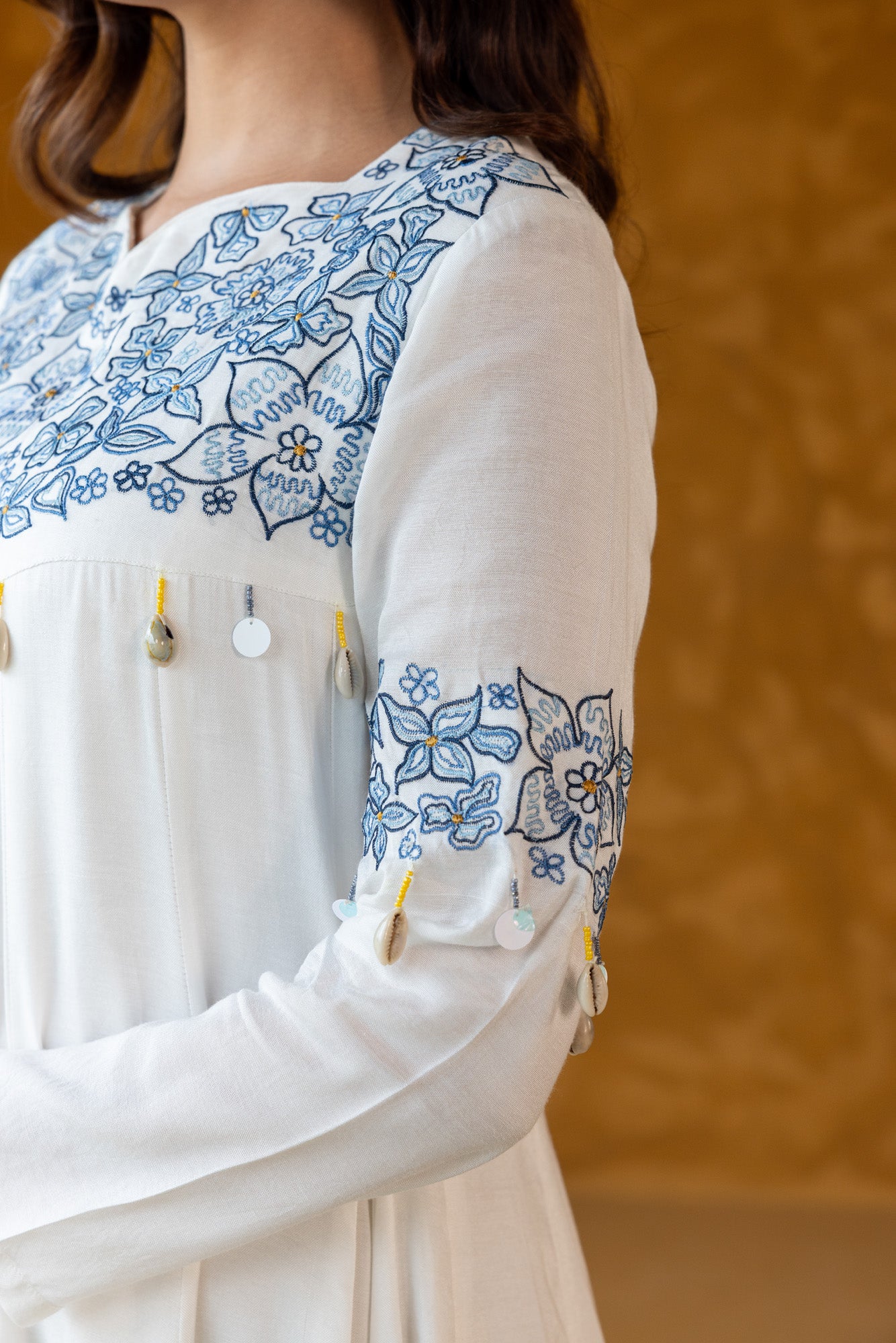 Blue on White Embroidered Long Dress