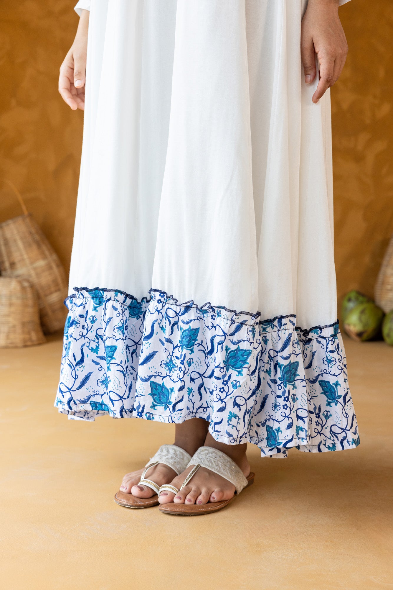 Blue on White Embroidered Long Dress