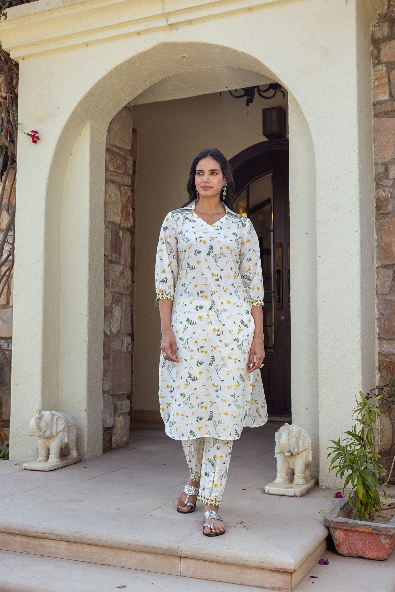 Green Tropical Print Kurta Set