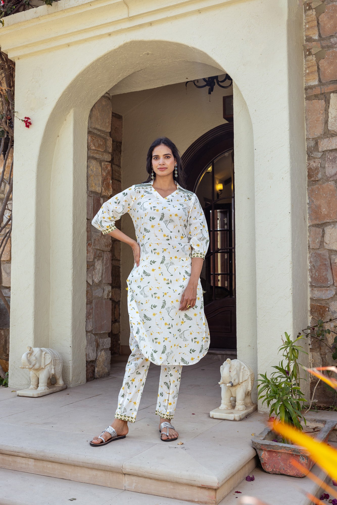 Green Tropical Print Kurta Set