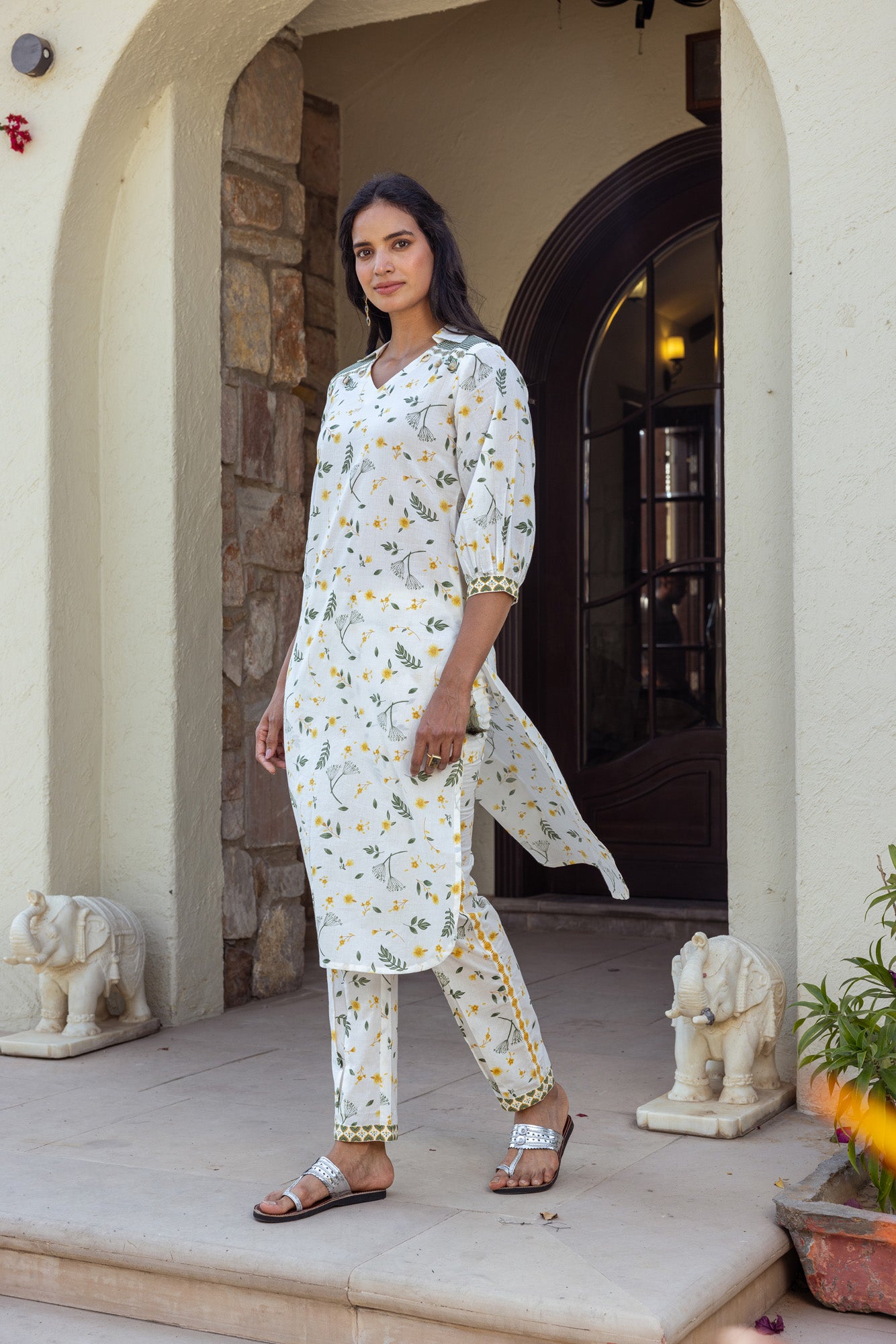 Green Tropical Print Kurta Set