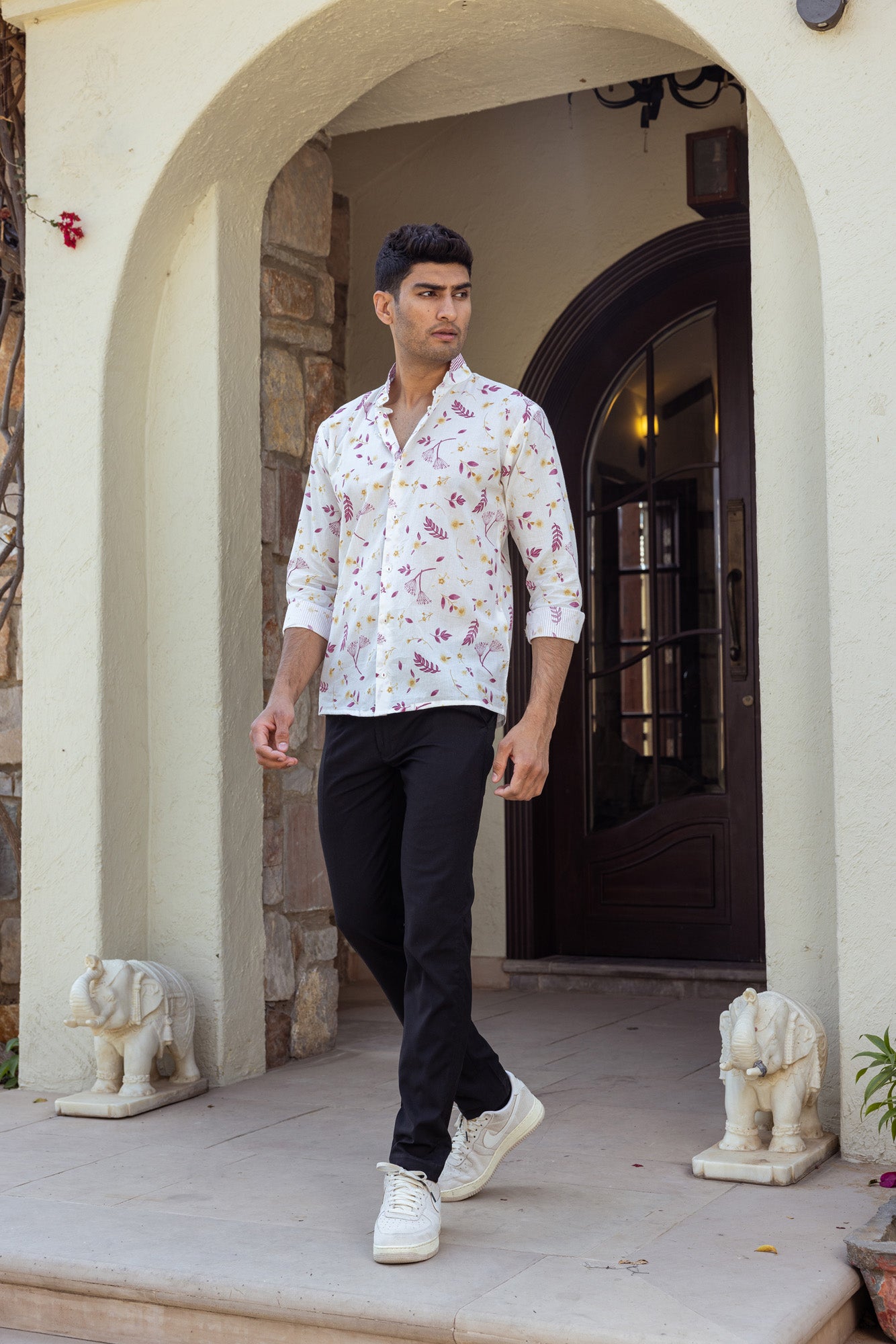 Tropical Print Mandarin Collar Mens Shirt