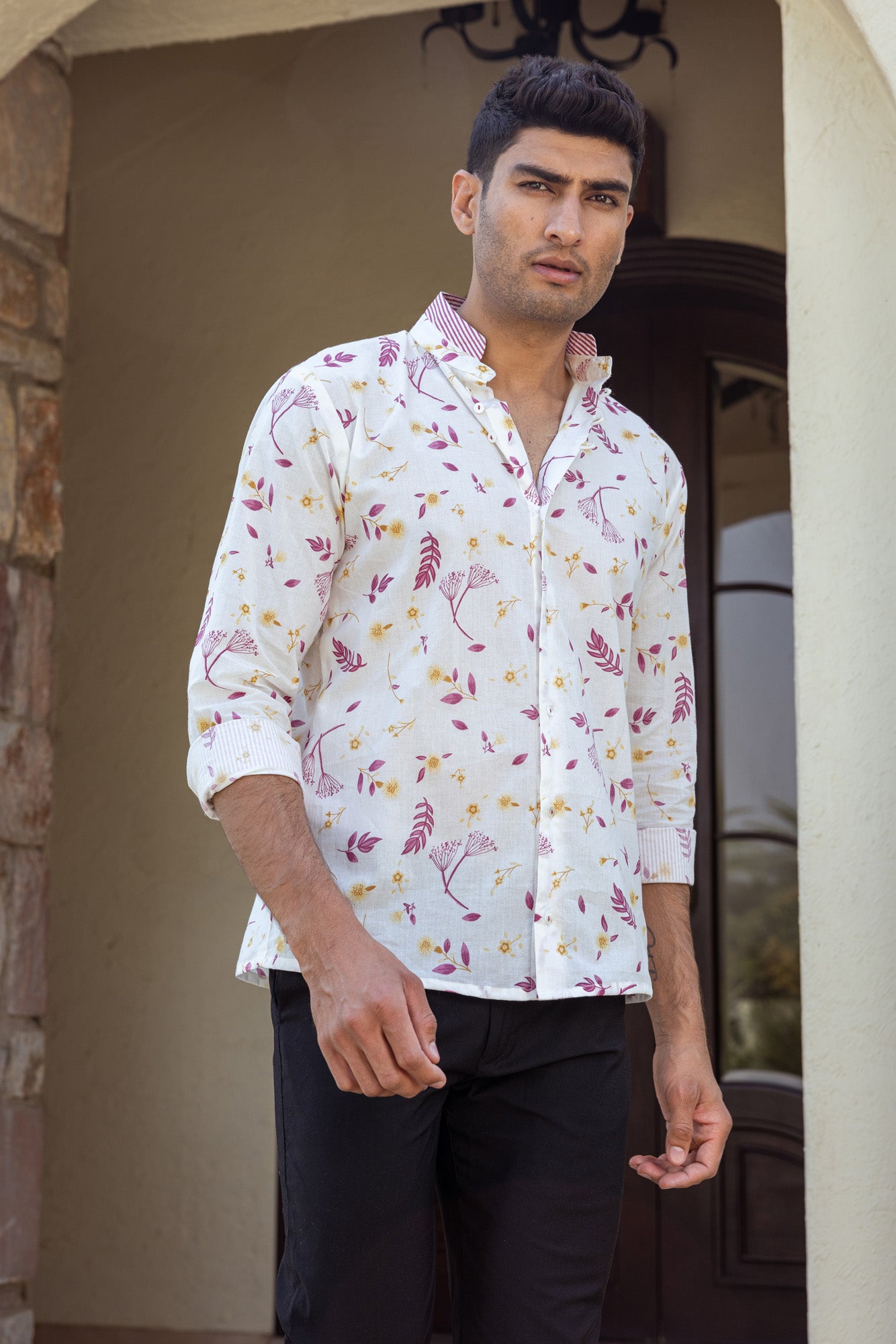 Tropical Print Mandarin Collar Mens Shirt